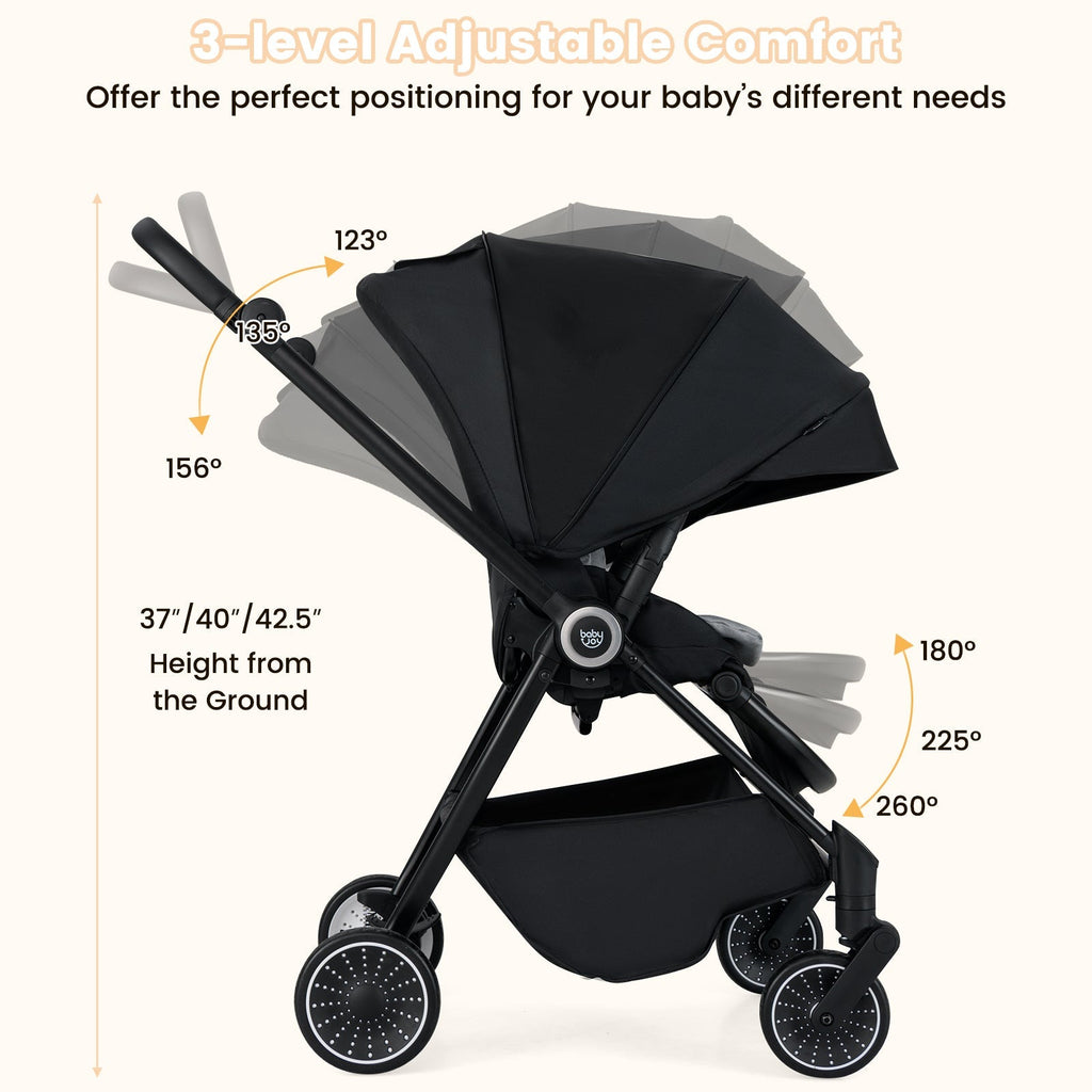 Foldable Infant Pram Stroller with Reversible Seat Reclining Backrest