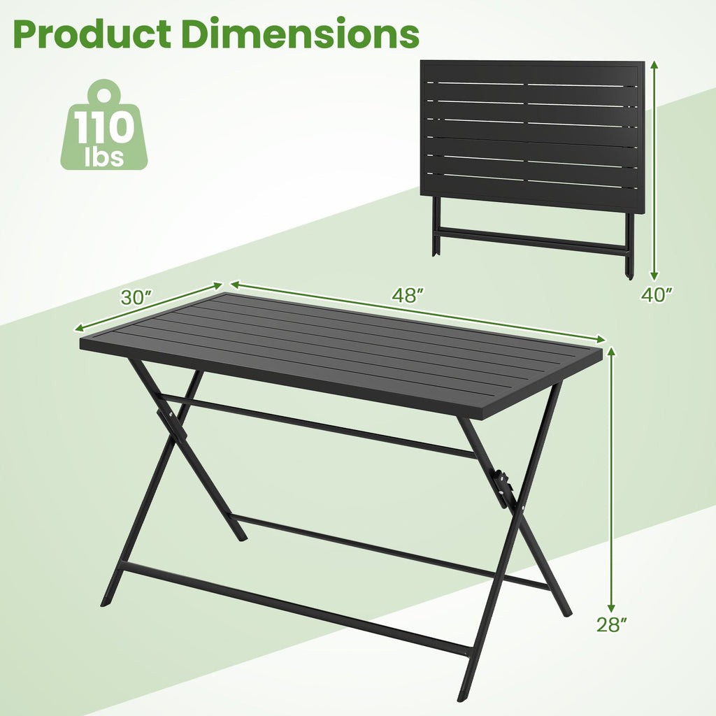 Foldable Outdoor Dining Table 48inch x 30inch Rectangular Metal Patio Table with Slatted Tabletop-Black