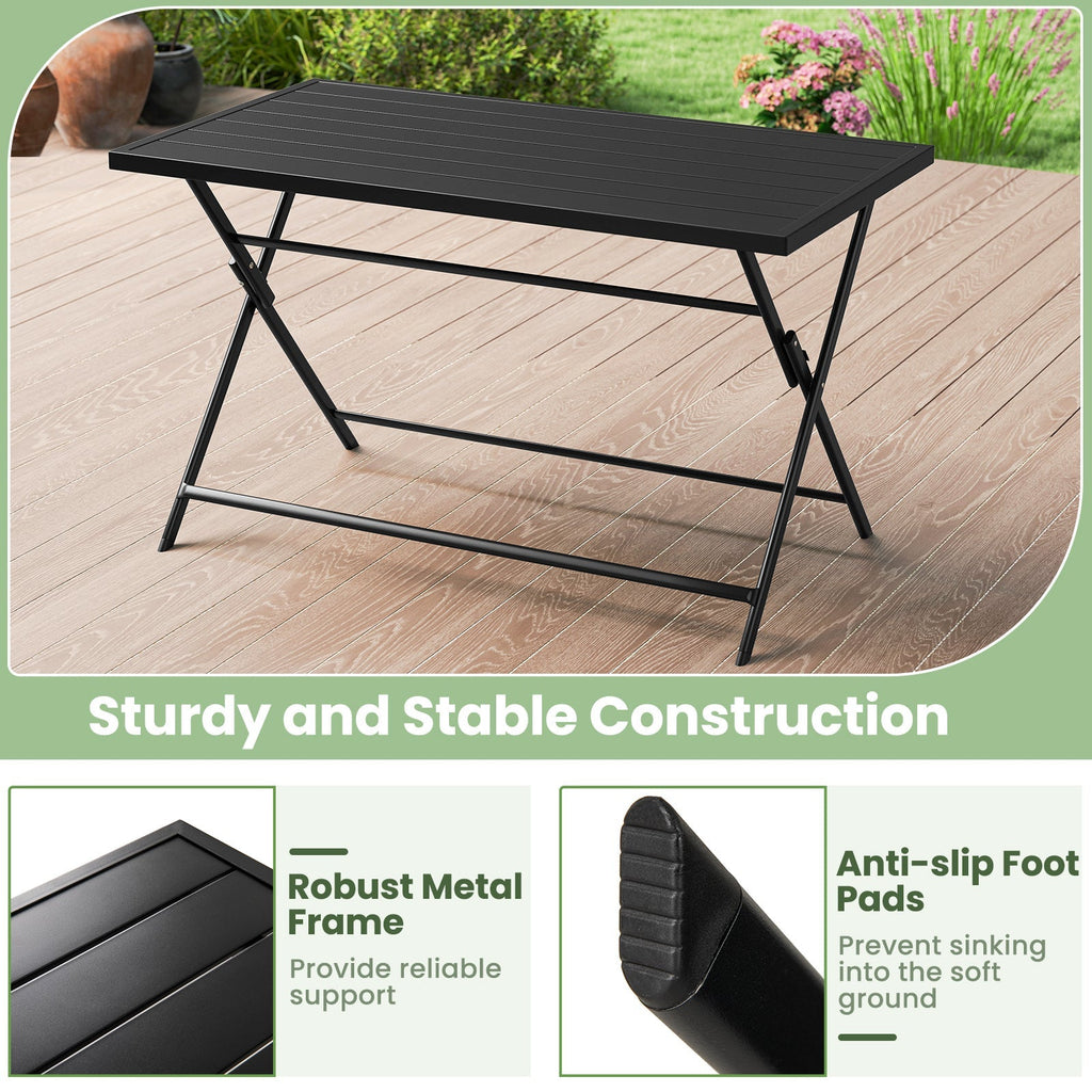 Foldable Outdoor Dining Table 48inch x 30inch Rectangular Metal Patio Table with Slatted Tabletop-Black
