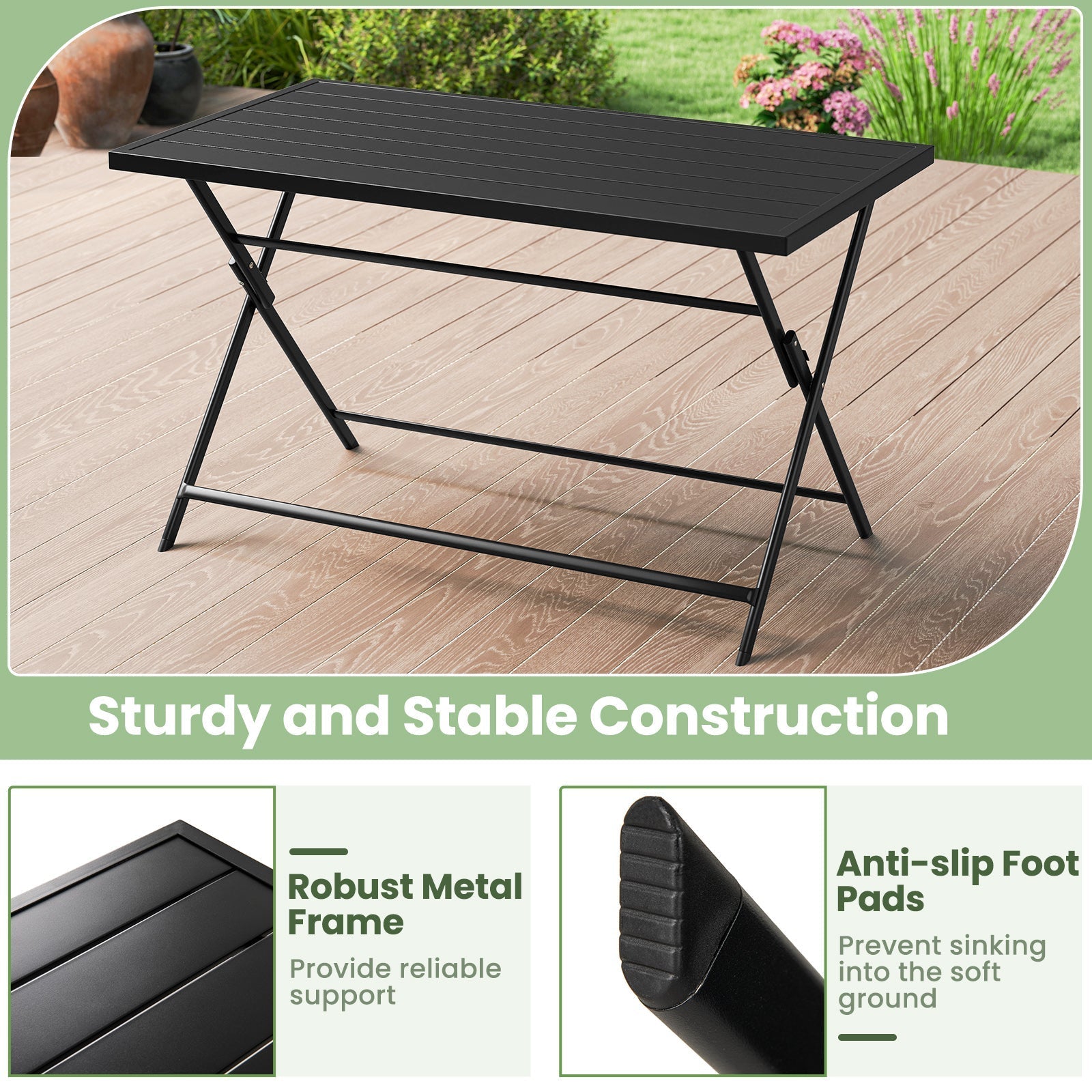 Foldable Outdoor Dining Table 48inch x 30inch Rectangular Metal Patio Table with Slatted Tabletop-Black