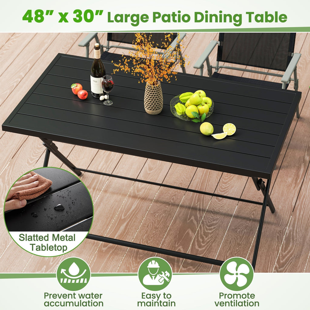 Foldable Outdoor Dining Table 48inch x 30inch Rectangular Metal Patio Table with Slatted Tabletop-Black