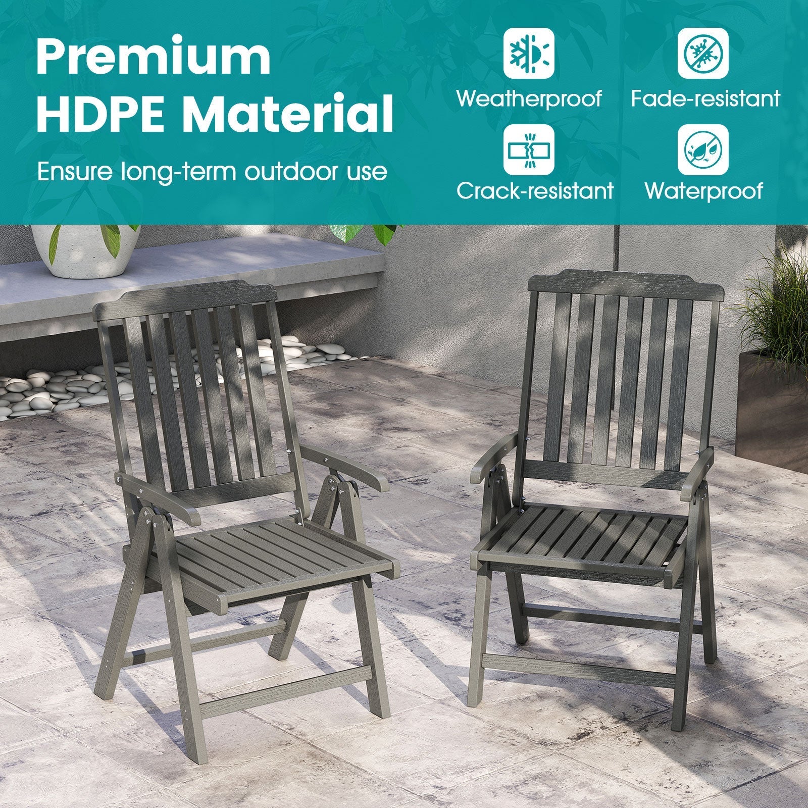 Foldable Patio Chair All-Weather HDPE Outdoor Dining Chair with Armrest