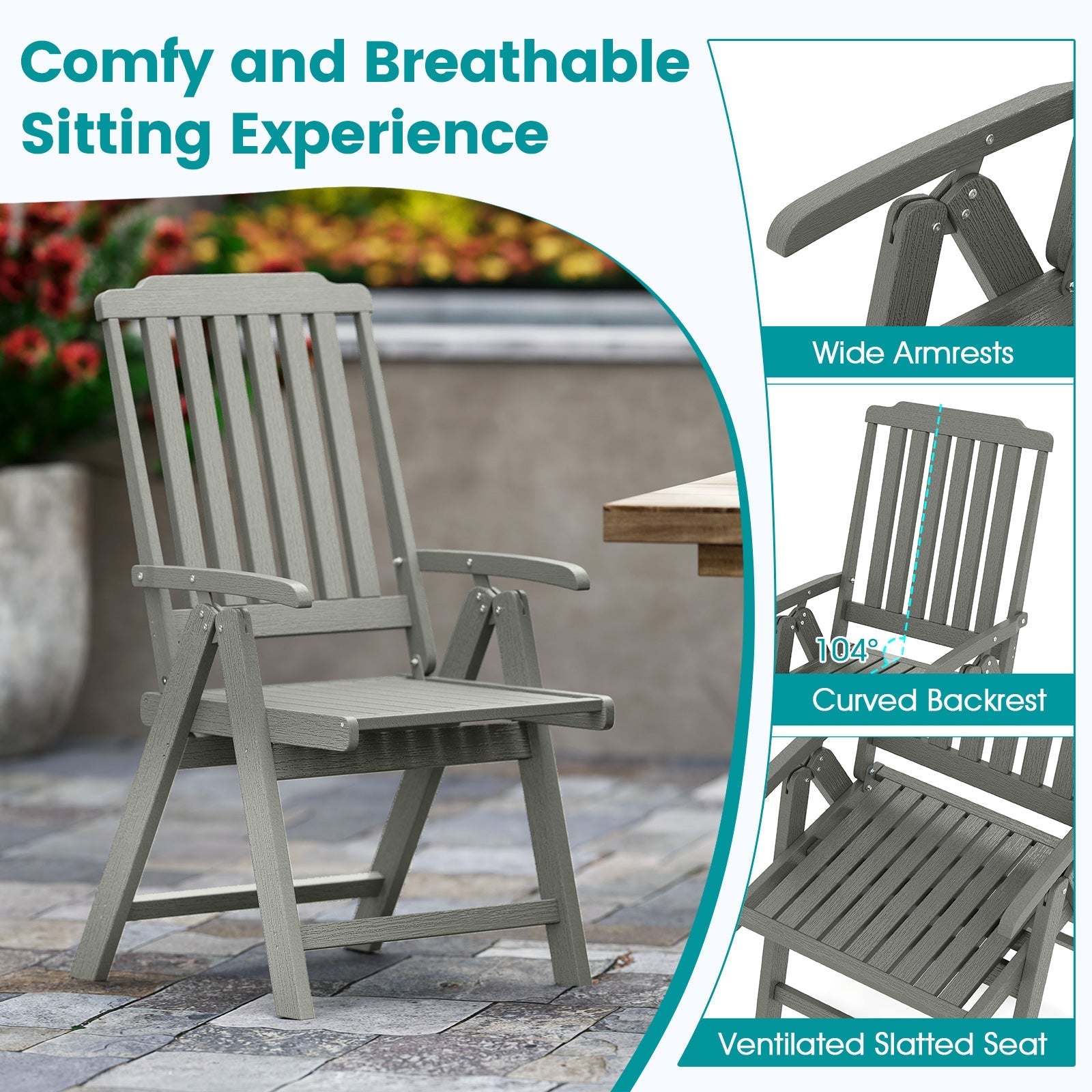 Foldable Patio Chair All-Weather HDPE Outdoor Dining Chair with Armrest