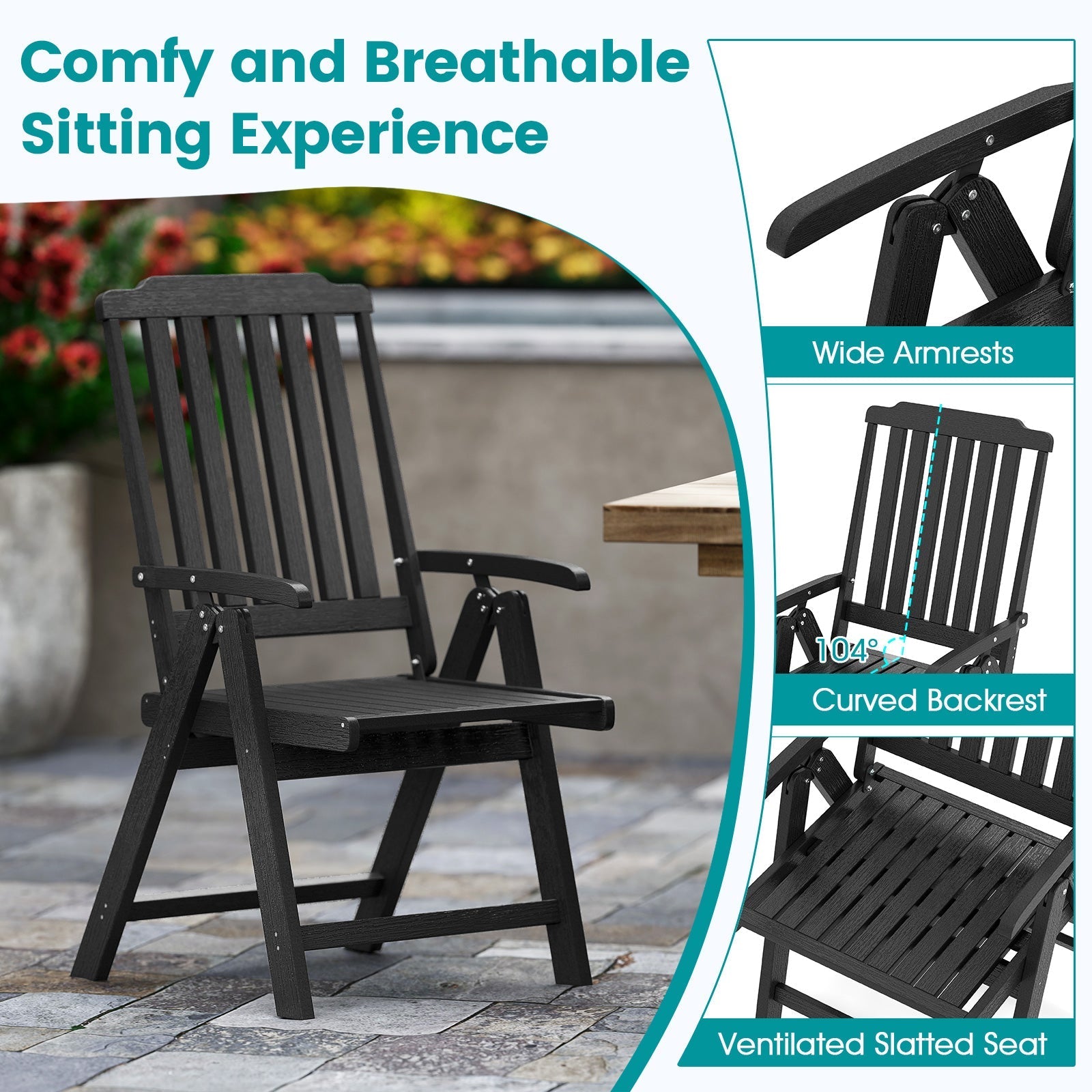 Foldable Patio Chair All-Weather HDPE Outdoor Dining Chair with Armrest