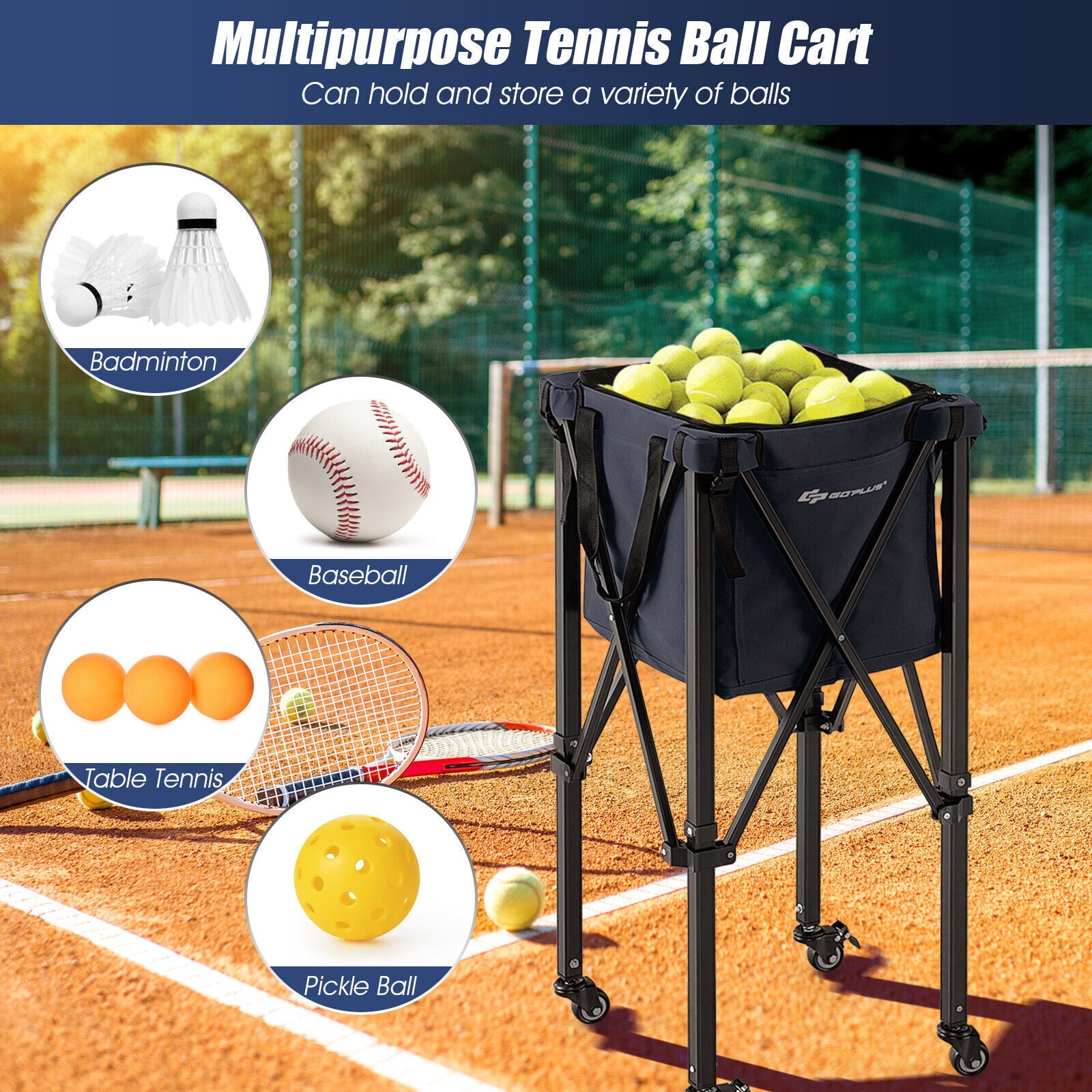 Lightweight Foldable Tennis Ball Teaching Cart with Wheels and Removable Bag