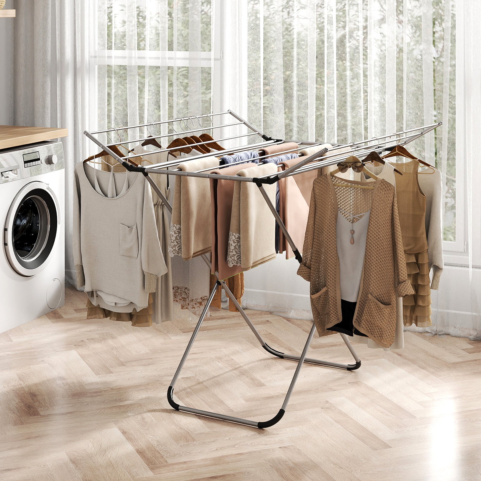 Folding Aluminum Clothes Drying Rack with 2 Side Wings
