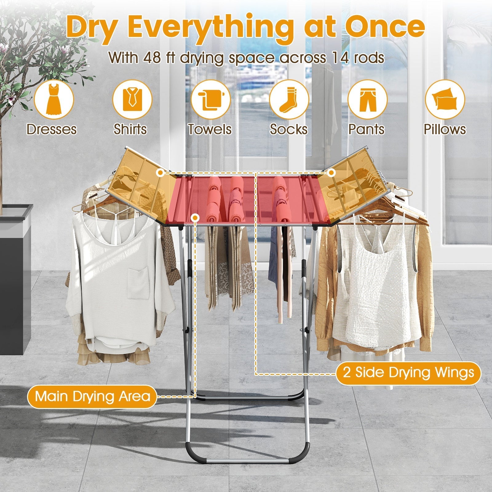 Folding Aluminum Clothes Drying Rack with 2 Side Wings