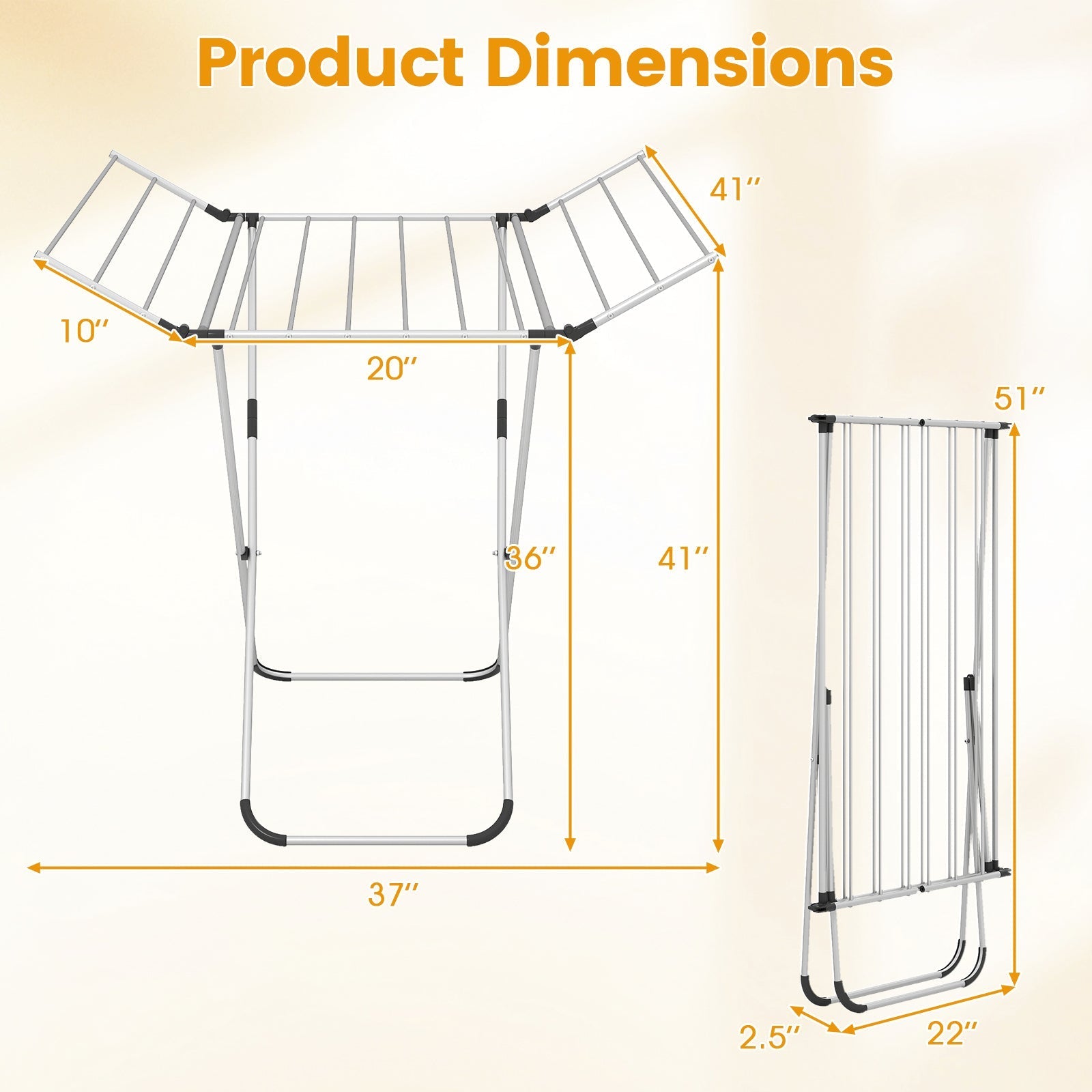 Folding Aluminum Clothes Drying Rack with 2 Side Wings