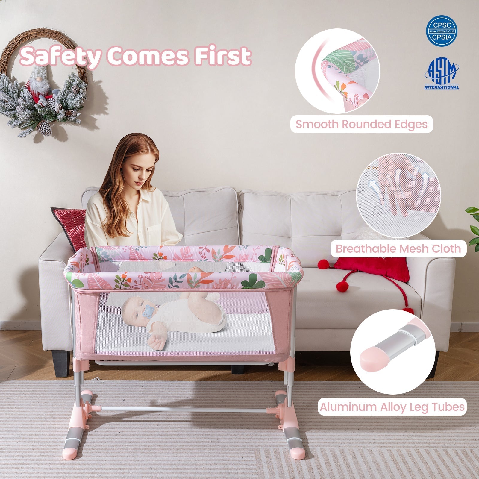 Folding Baby Bassinet Bedside Sleeper with 4 Adjustable Heights-Pink
