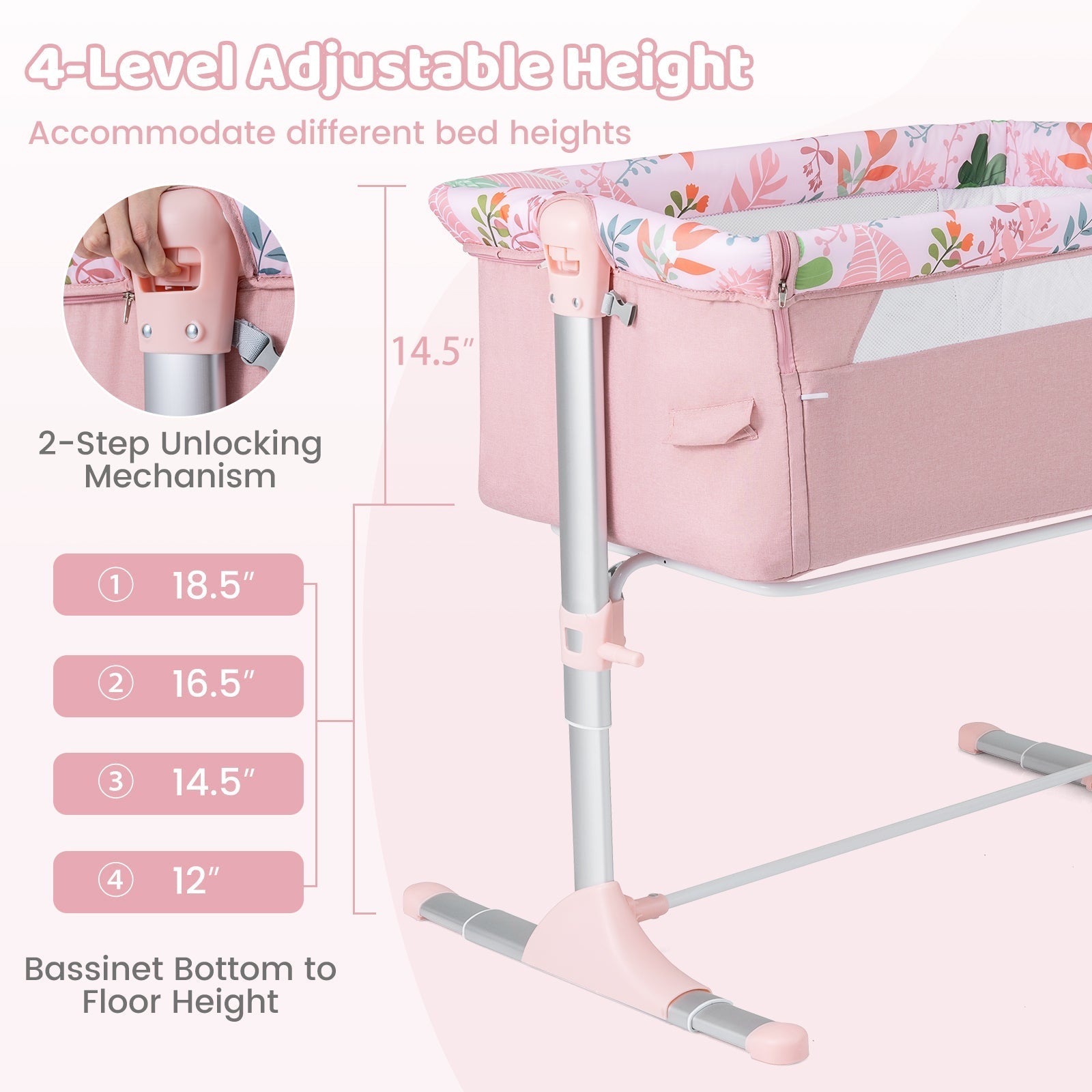 Folding Baby Bassinet Bedside Sleeper with 4 Adjustable Heights-Pink