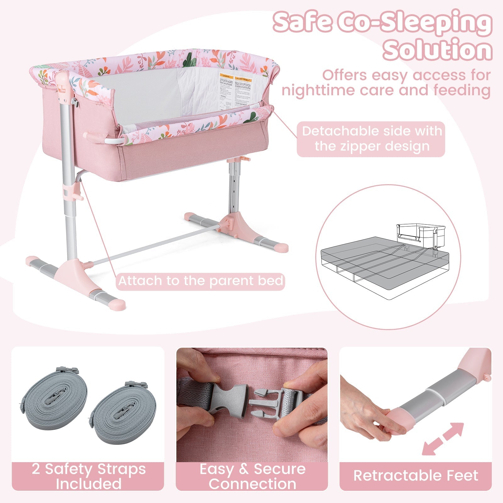 Folding Baby Bassinet Bedside Sleeper with 4 Adjustable Heights-Pink