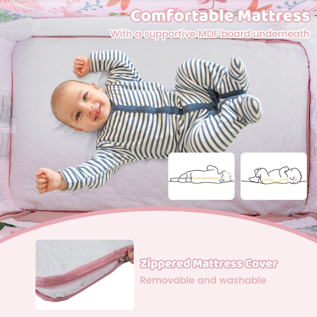 Folding Baby Bassinet Bedside Sleeper with 4 Adjustable Heights-Pink
