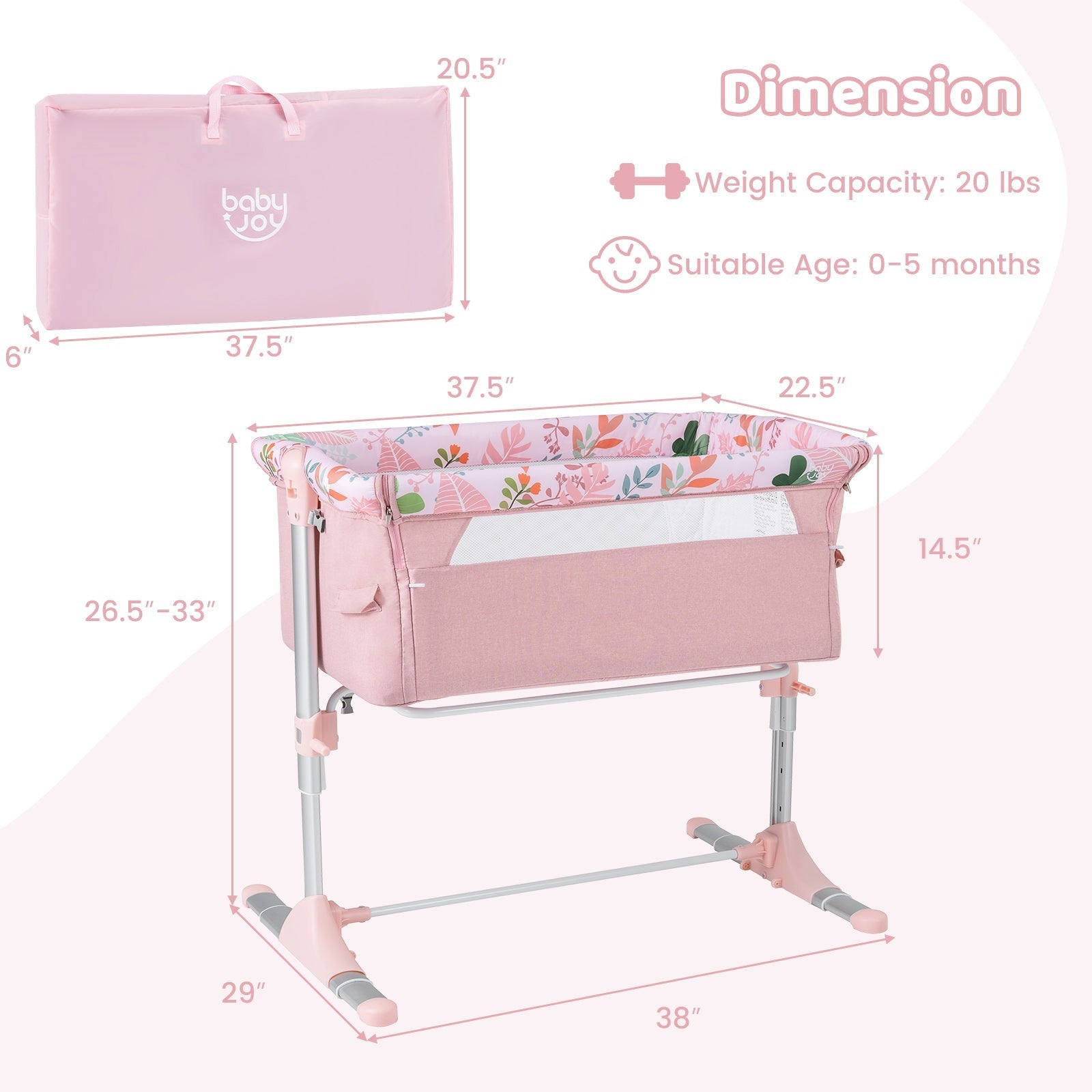 Folding Baby Bassinet Bedside Sleeper with 4 Adjustable Heights-Pink