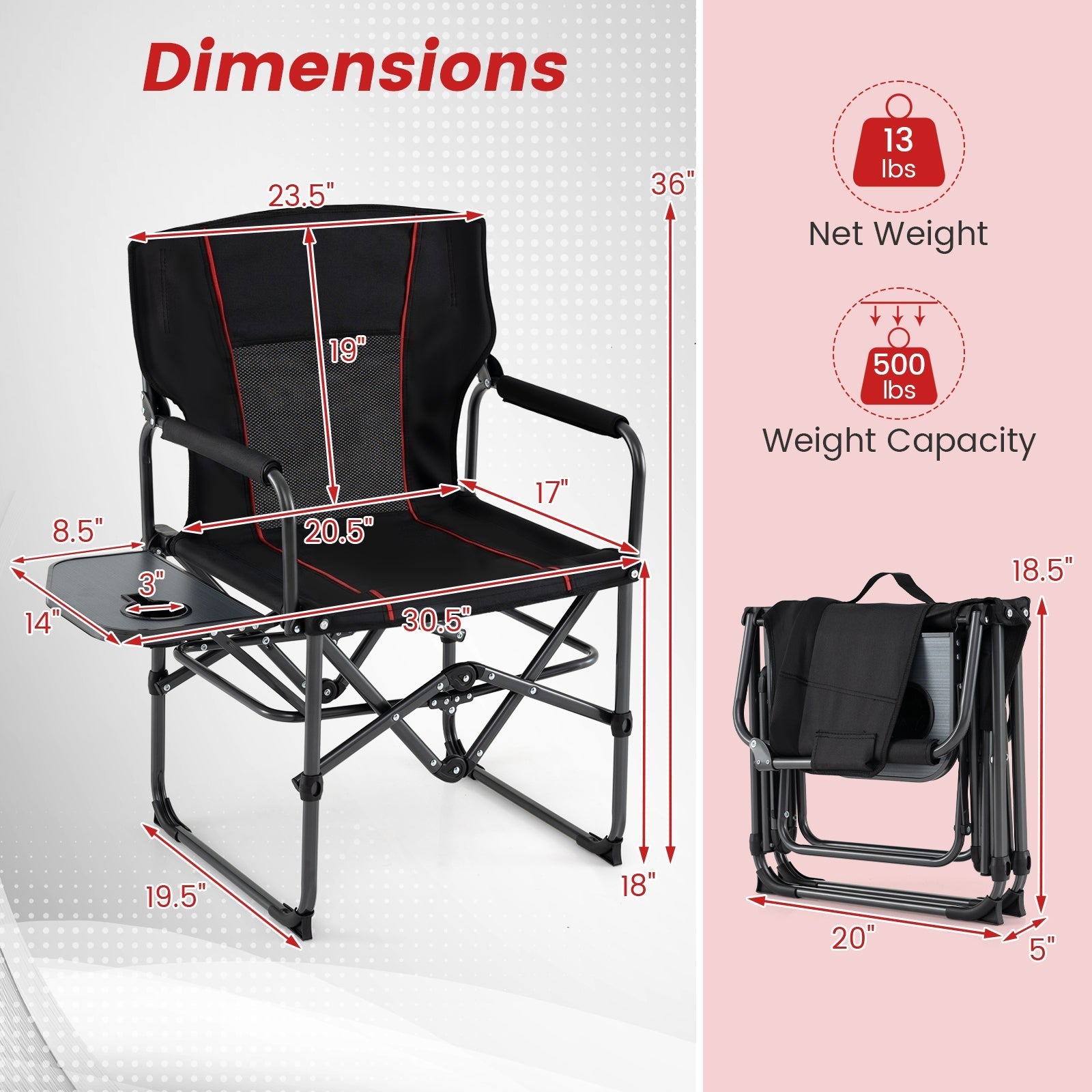 Folding Camping Chair with Side Table and Cup Holder with Carrying Bag