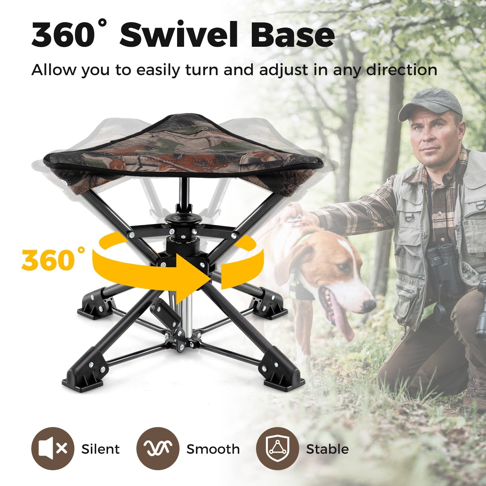 Folding Camping Stool 360¬∞ Swivel Hunting Chair with Anti-Sink Feet
