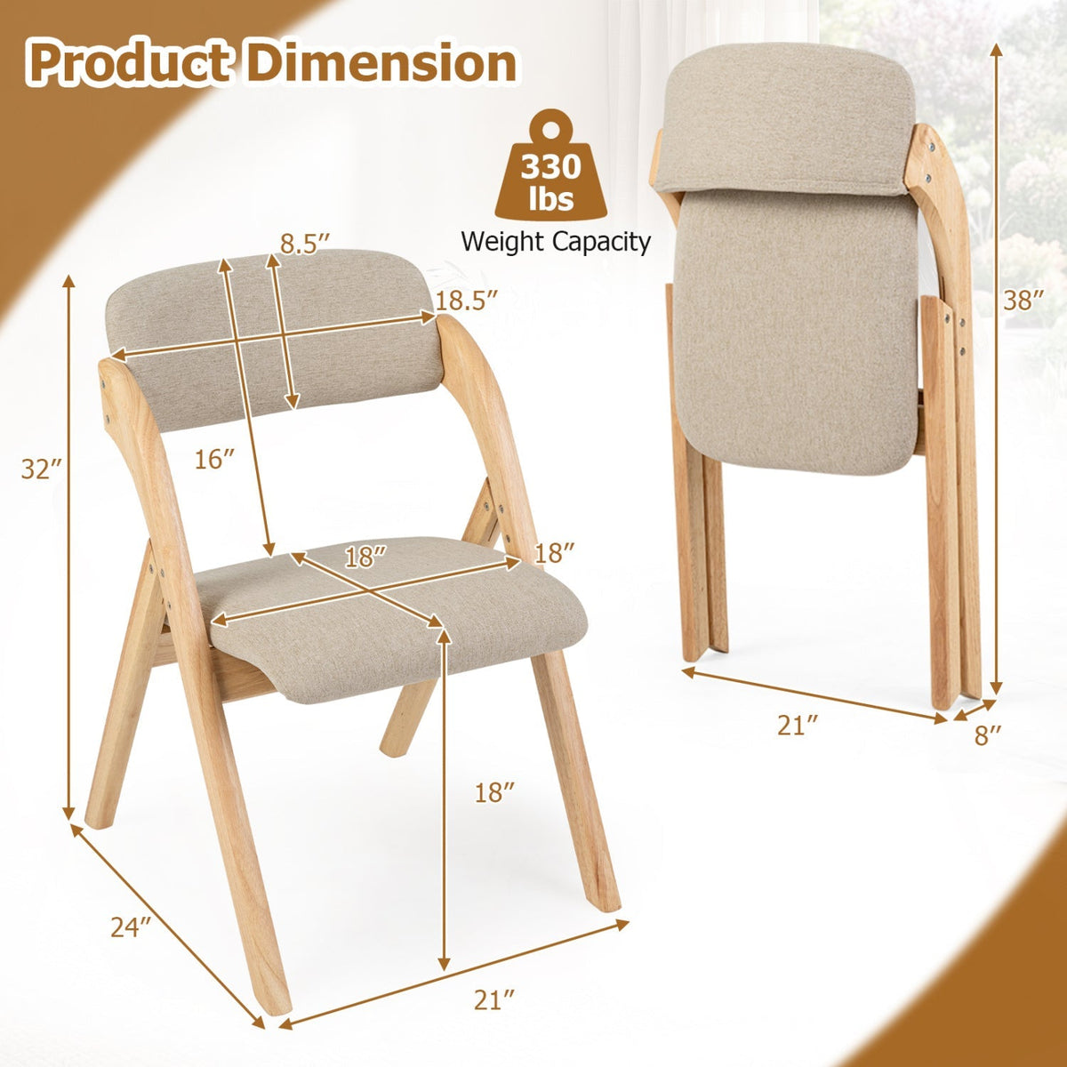 Folding Dining Chairs Set of 2 with Cushioned Seats