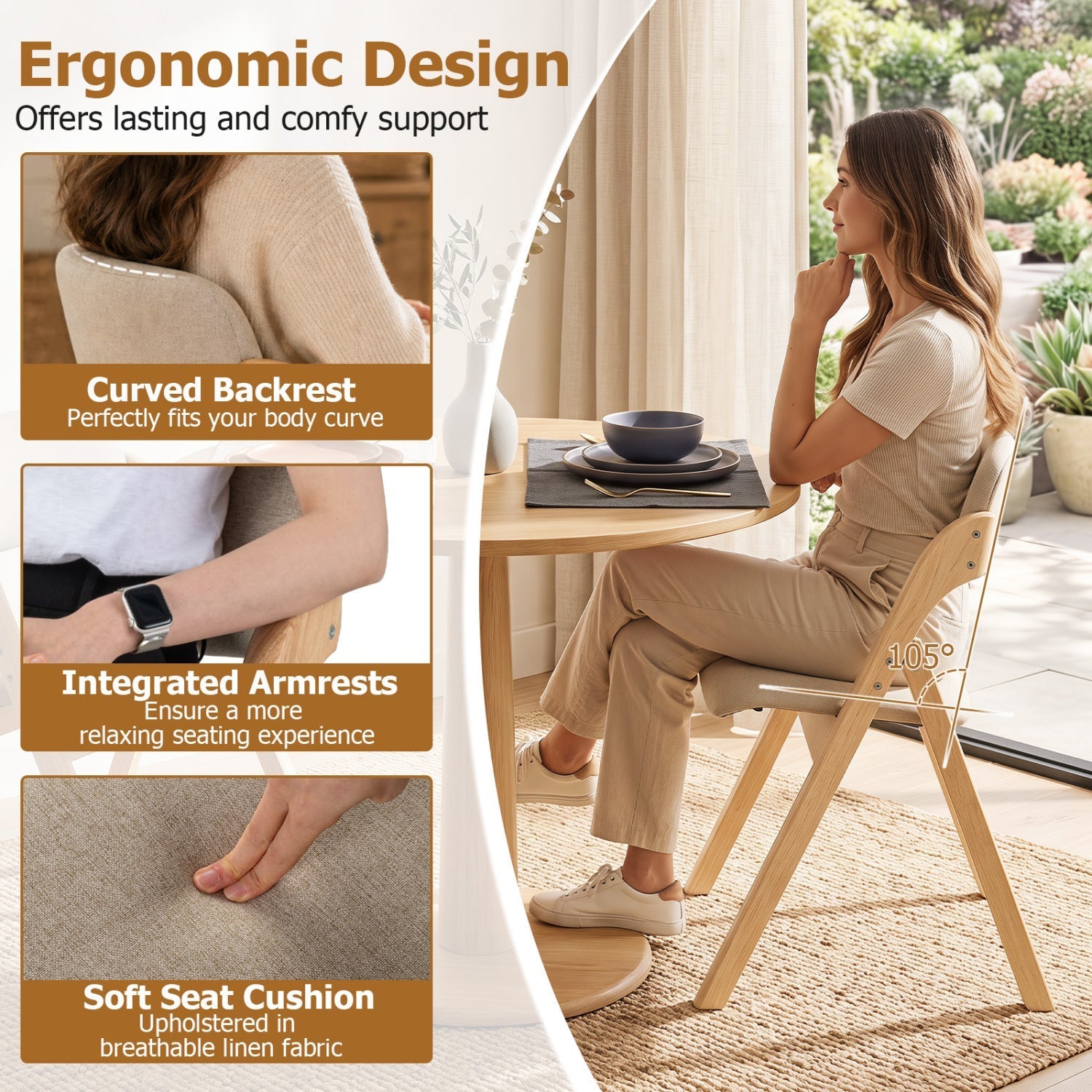 Folding Dining Chairs Set of 2 with Cushioned Seats