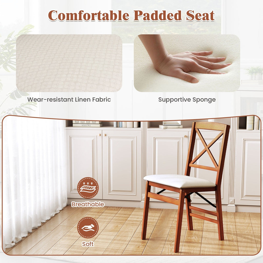 Folding Dining Chairs Set of 2 with Padded Seat and Rubber Wood Frame