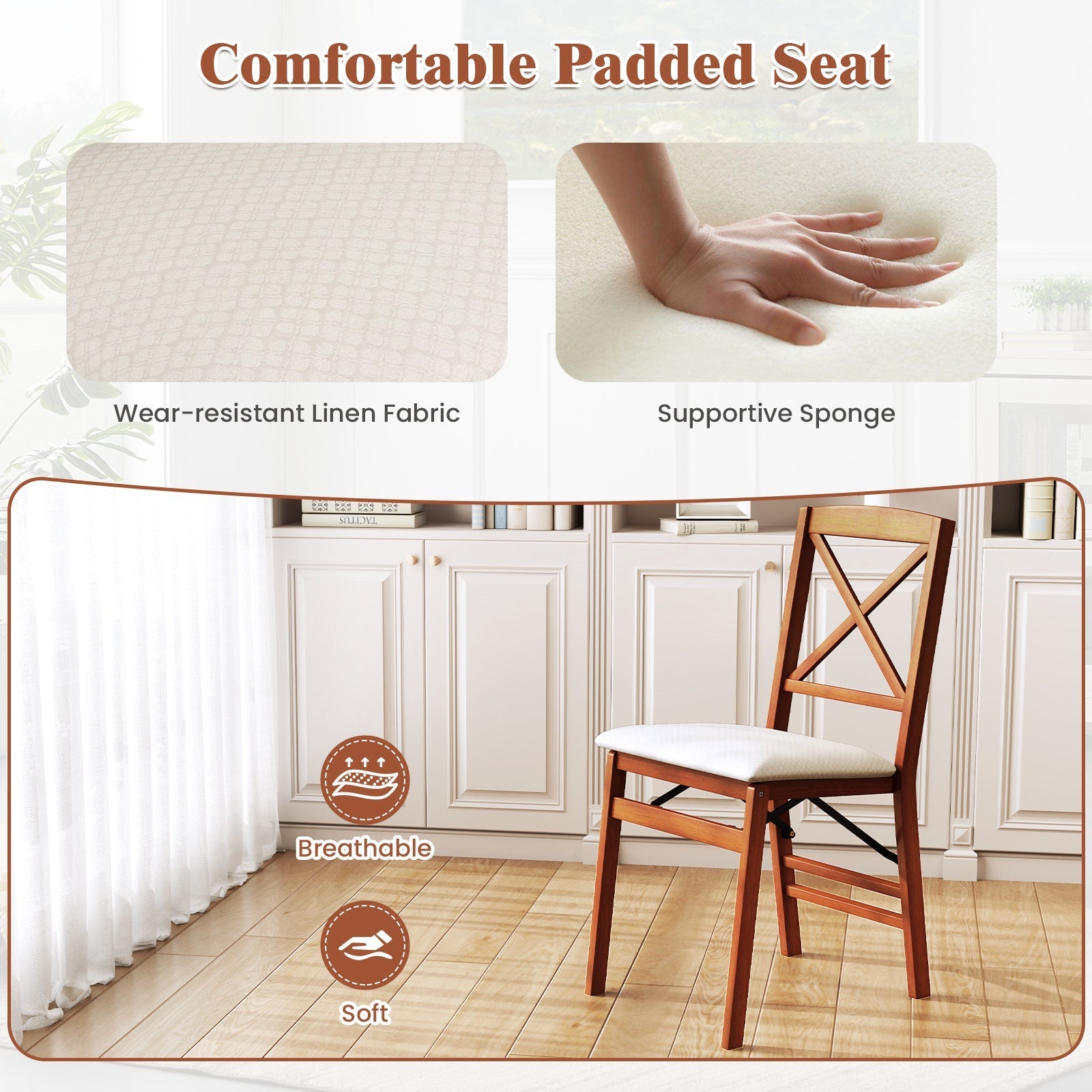 Folding Dining Chairs Set of 2 with Padded Seat and Rubber Wood Frame