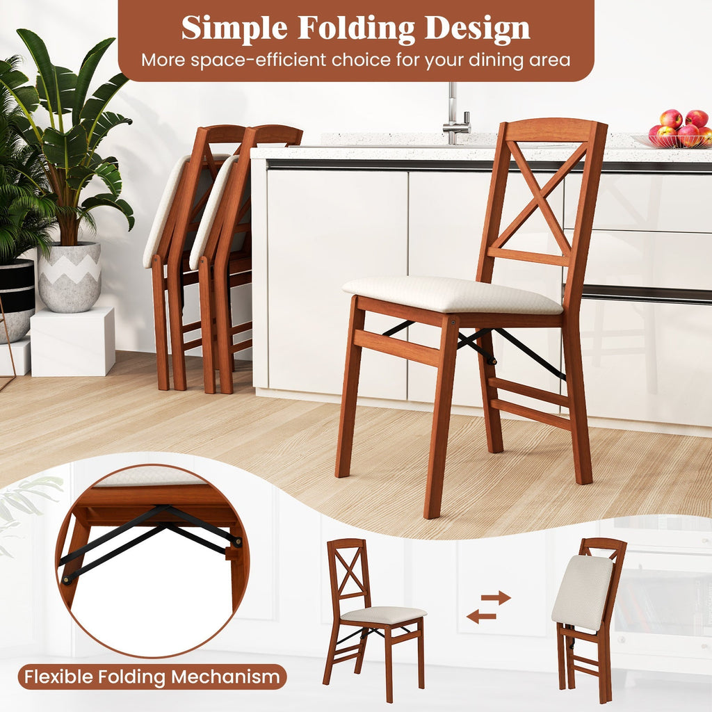 Folding Dining Chairs Set of 2 with Padded Seat and Rubber Wood Frame