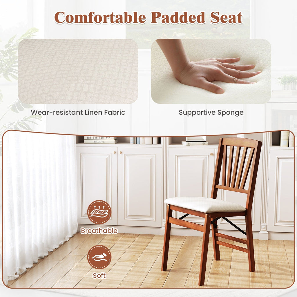 Folding Dining Chairs Set of 2 with Padded Seat and Rubber Wood Frame