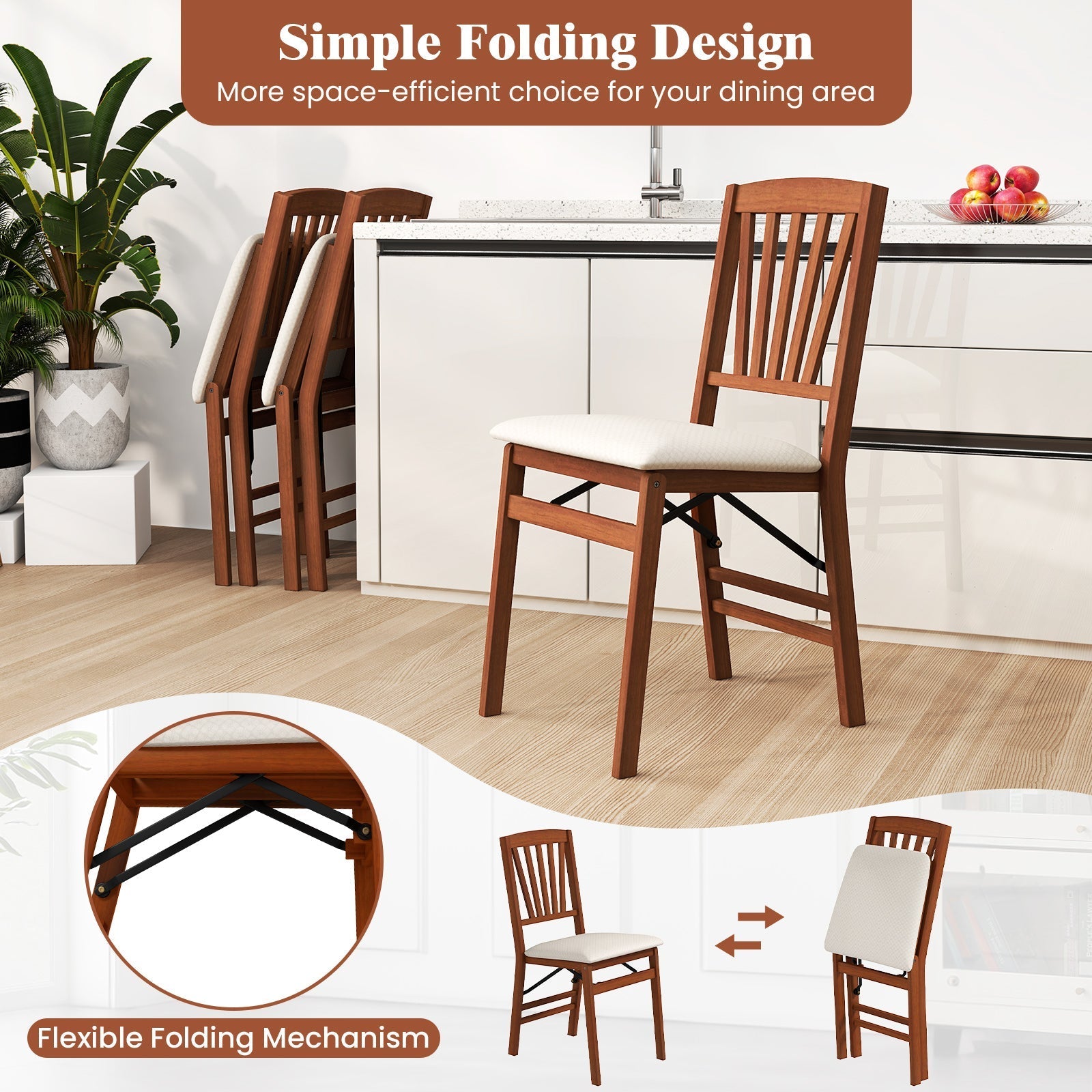 Folding Dining Chairs Set of 2 with Padded Seat and Rubber Wood Frame