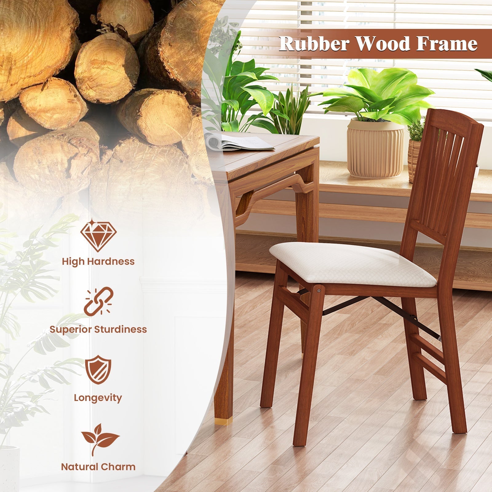 Folding Dining Chairs Set of 2 with Padded Seat and Rubber Wood Frame