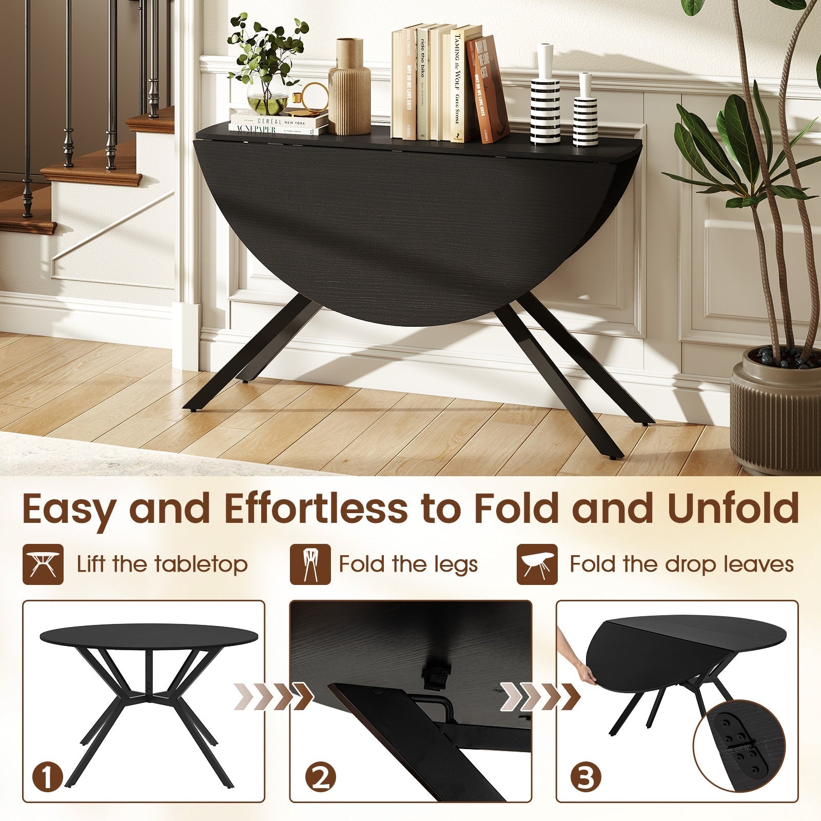 Folding Dining Table 47 Inch Extendable Round Kitchen Table with Drop Leaves