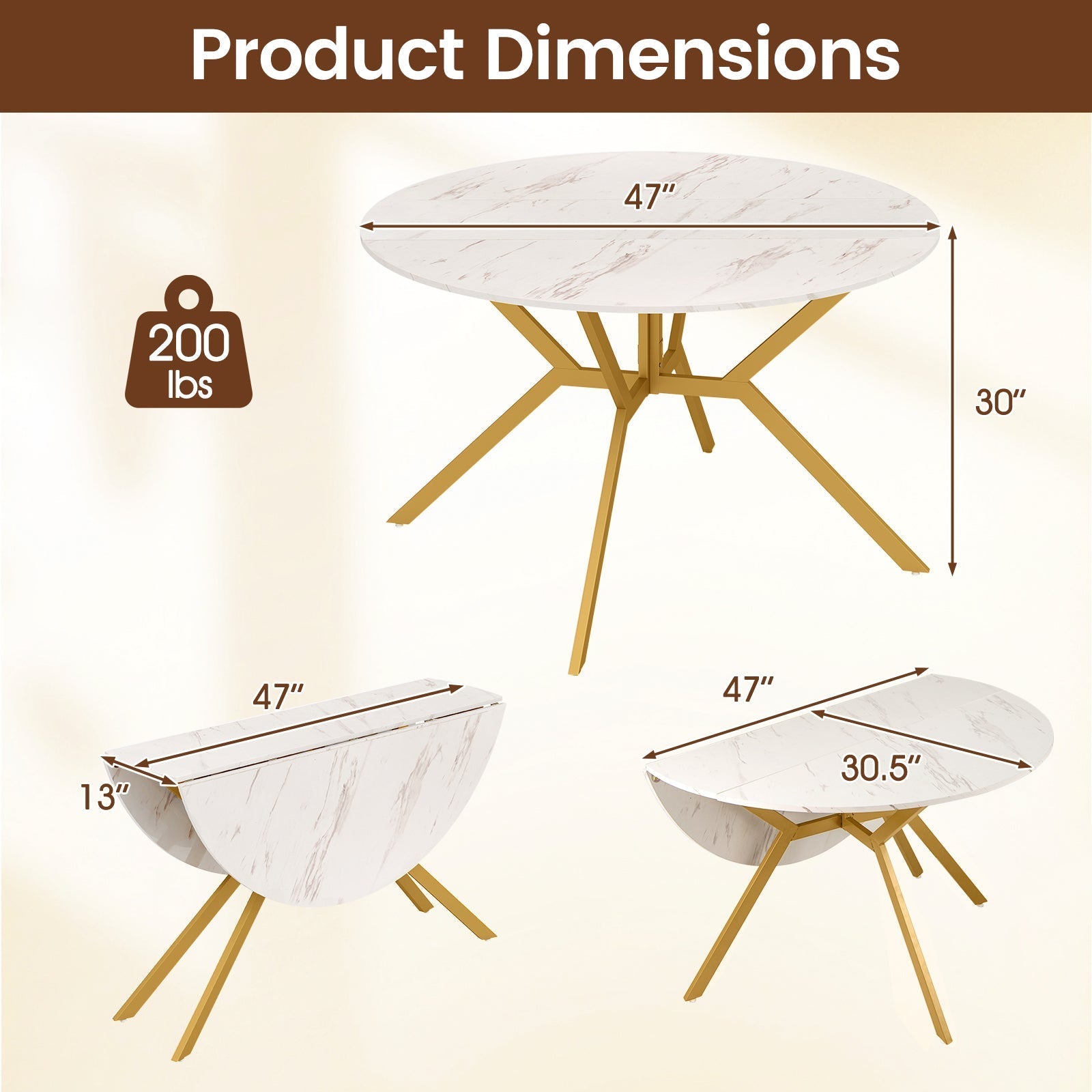 Folding Dining Table 47 Inch Extendable Round Kitchen Table with Drop Leaves