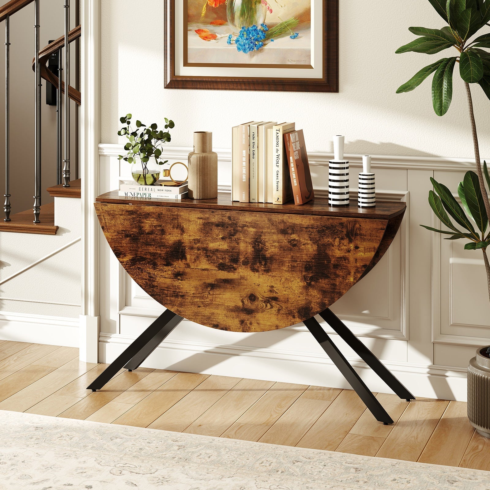 Folding Dining Table 47 Inch Extendable Round Kitchen Table with Drop Leaves