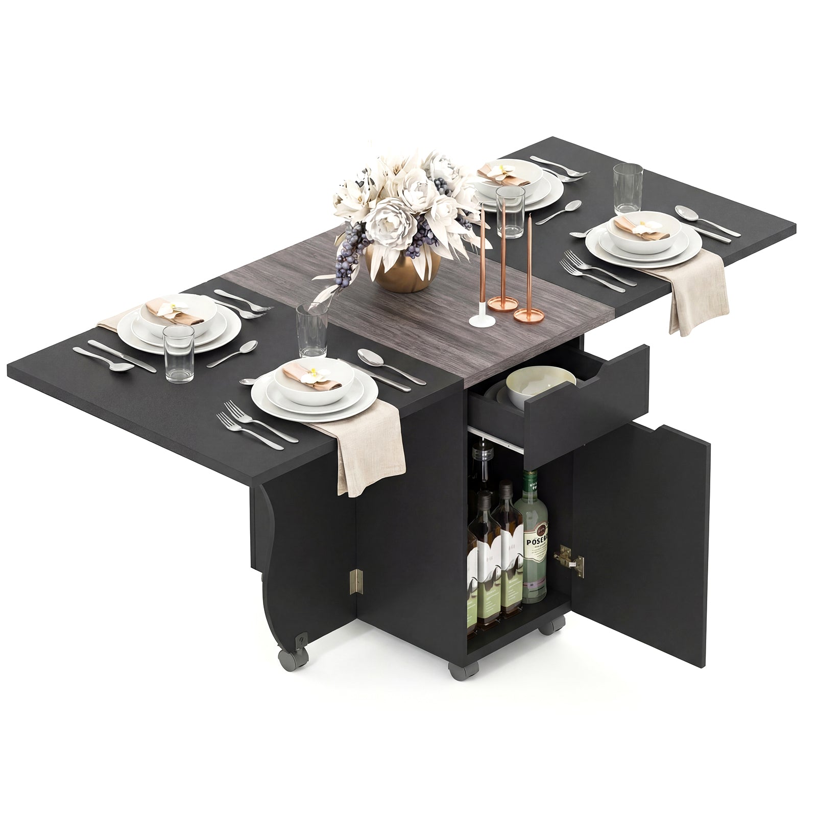 Folding Dining Table 3-in-1 Space-Saving Drop Leaf Kitchen Table with Lockable Wheels