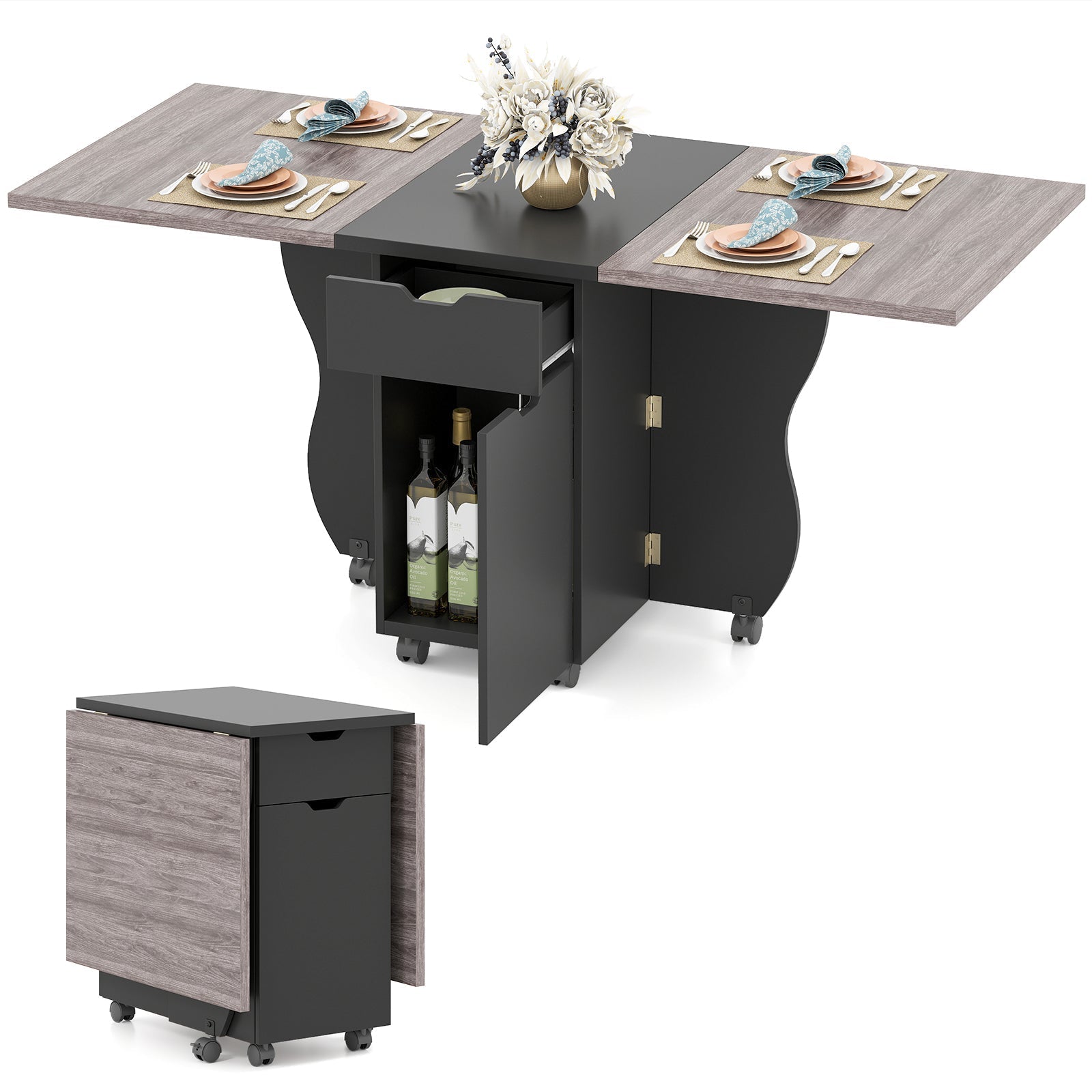 Folding Dining Table 3-in-1 Space-Saving Drop Leaf Kitchen Table with Lockable Wheels