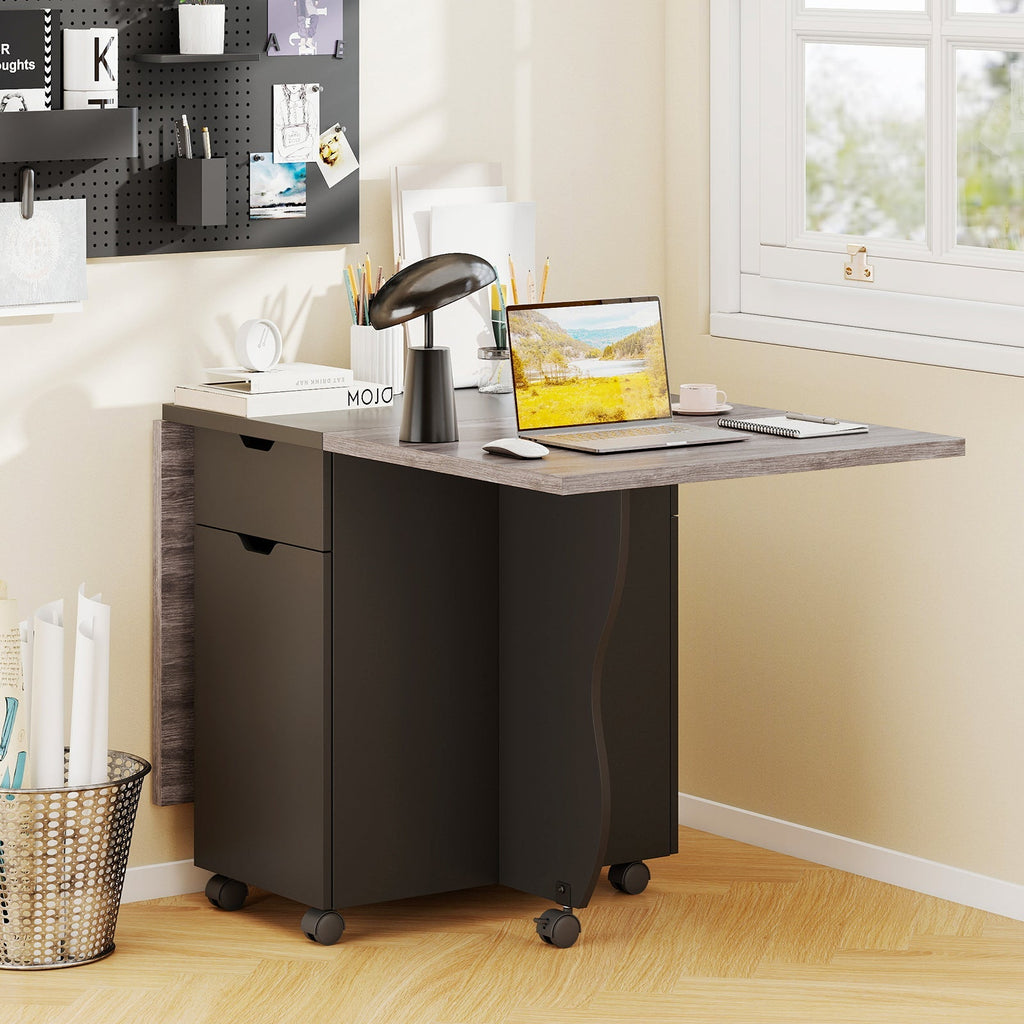 Folding Dining Table 3-in-1 Space-Saving Drop Leaf Kitchen Table with Lockable Wheels