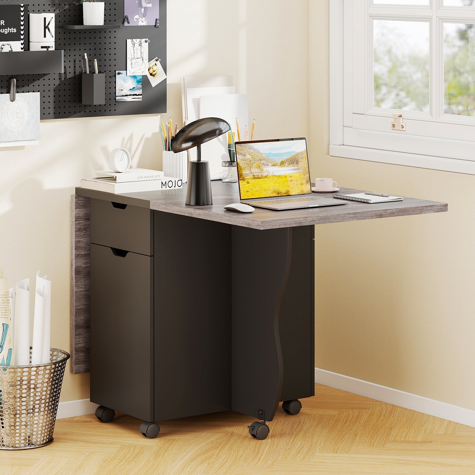 Folding Dining Table 3-in-1 Space-Saving Drop Leaf Kitchen Table with Lockable Wheels