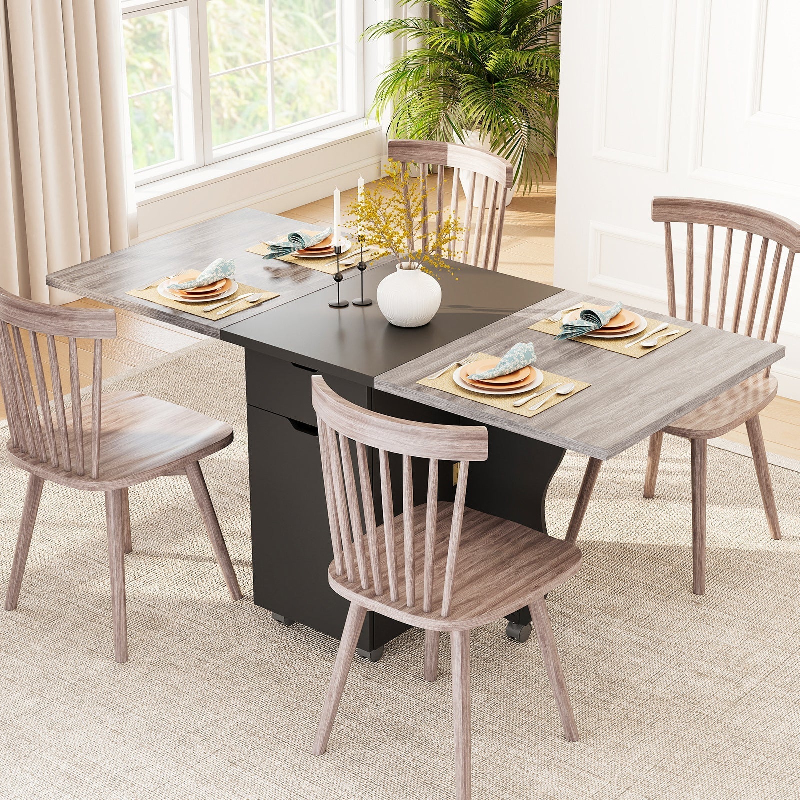 Folding Dining Table 3-in-1 Space-Saving Drop Leaf Kitchen Table with Lockable Wheels
