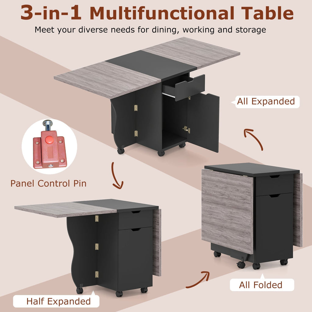 Folding Dining Table 3-in-1 Space-Saving Drop Leaf Kitchen Table with Lockable Wheels