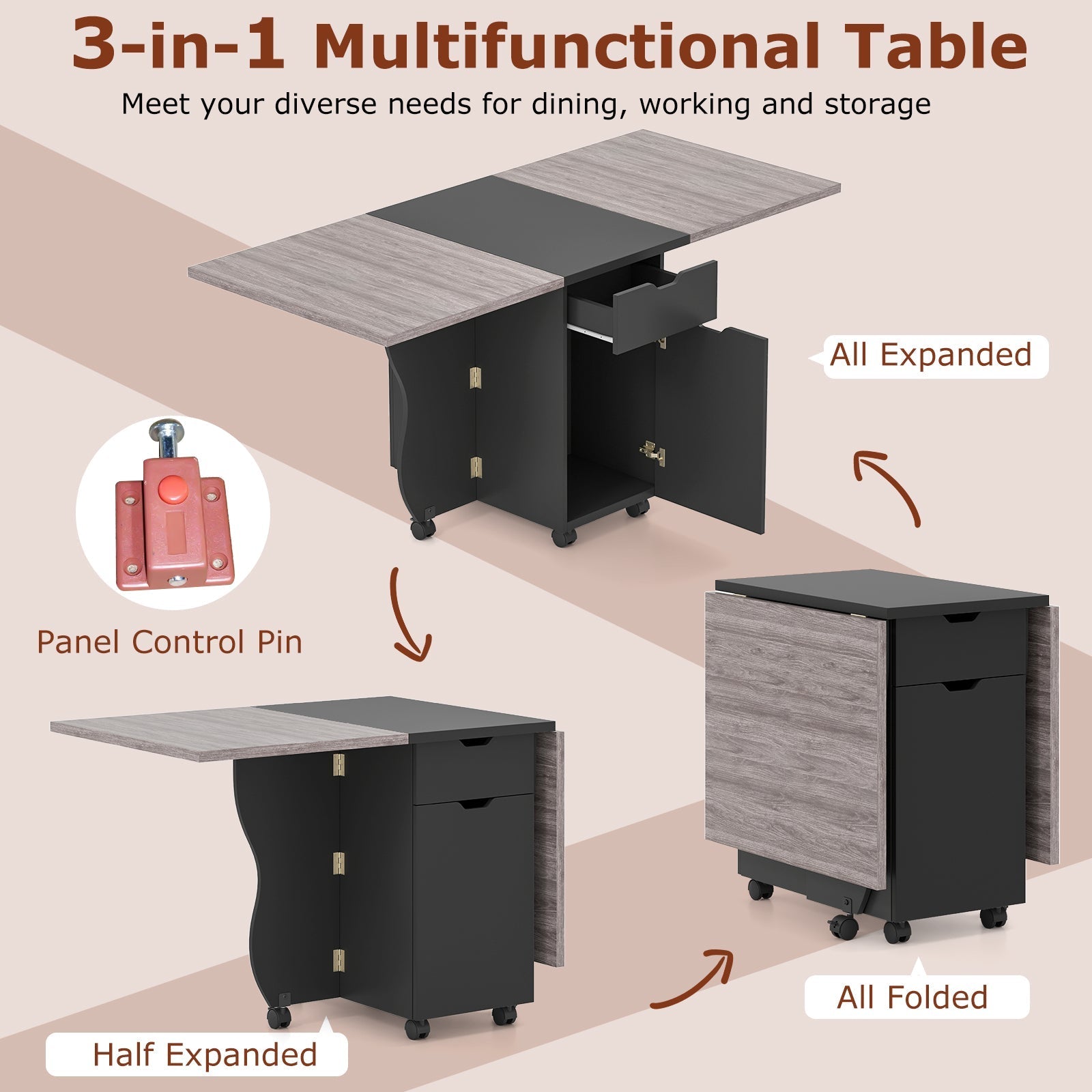Folding Dining Table 3-in-1 Space-Saving Drop Leaf Kitchen Table with Lockable Wheels