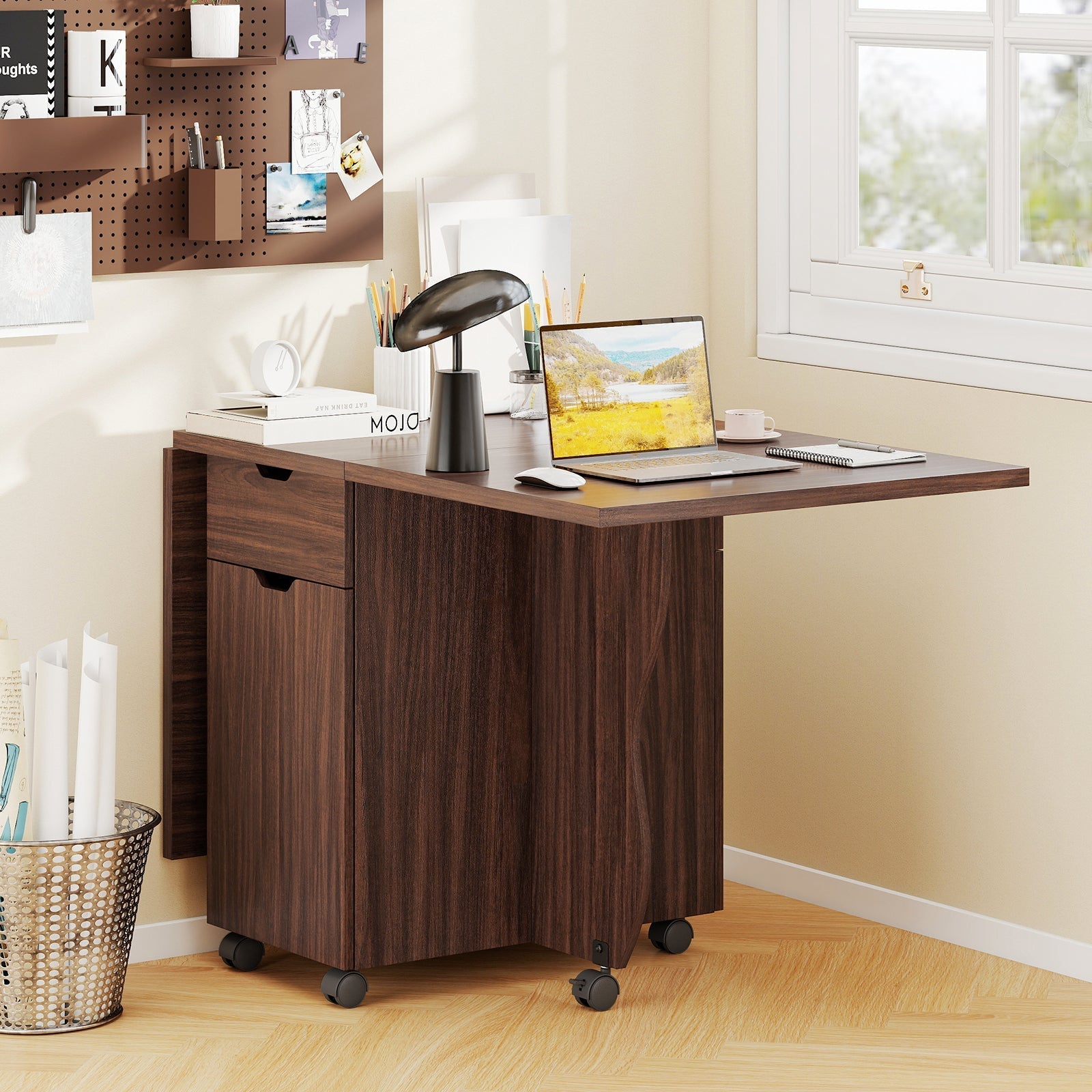 Folding Dining Table 3-in-1 Space-Saving Drop Leaf Kitchen Table with Lockable Wheels