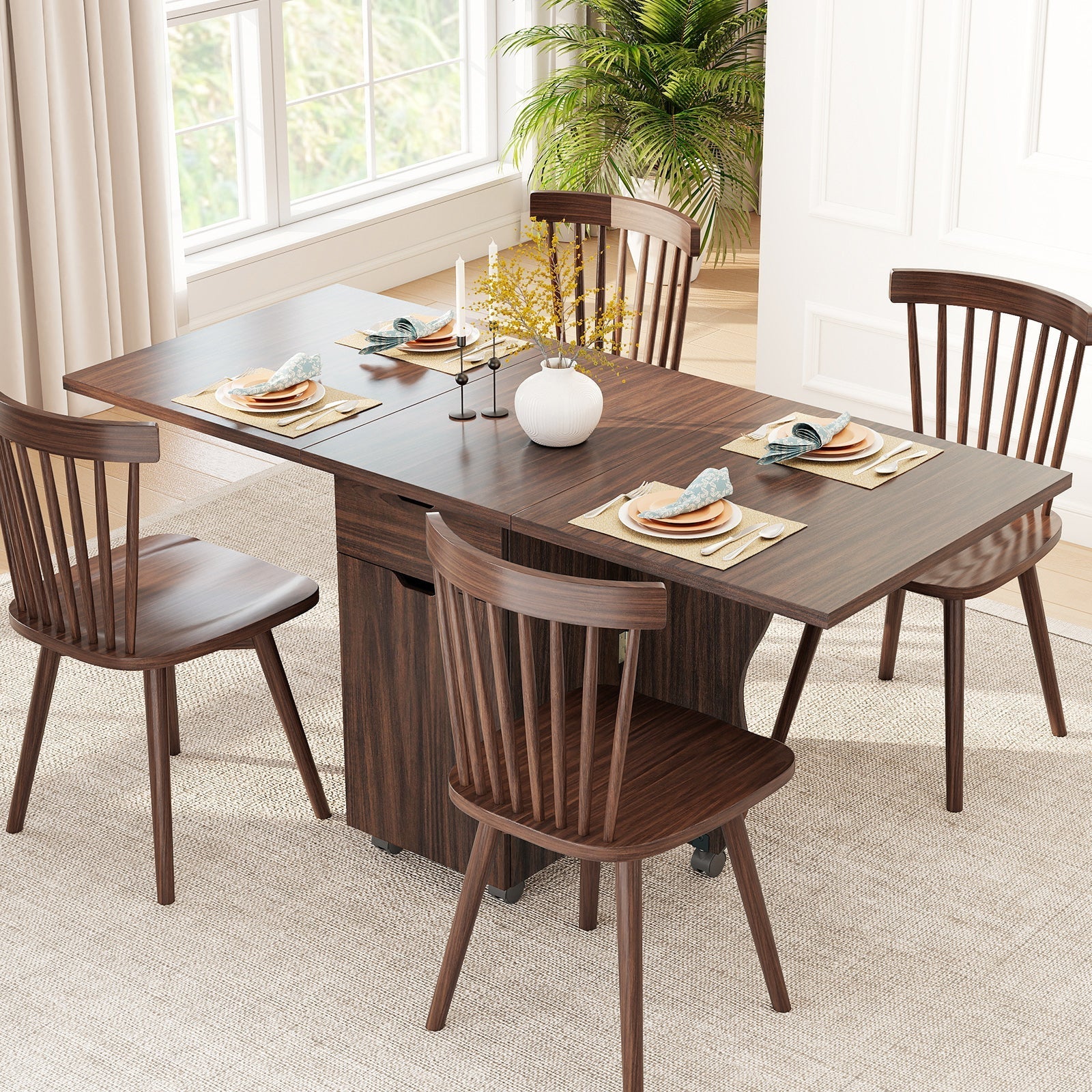 Folding Dining Table 3-in-1 Space-Saving Drop Leaf Kitchen Table with Lockable Wheels