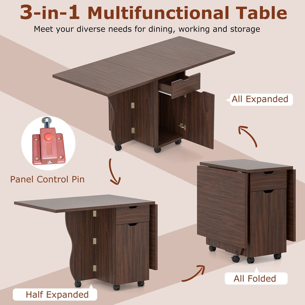 Folding Dining Table 3-in-1 Space-Saving Drop Leaf Kitchen Table with Lockable Wheels