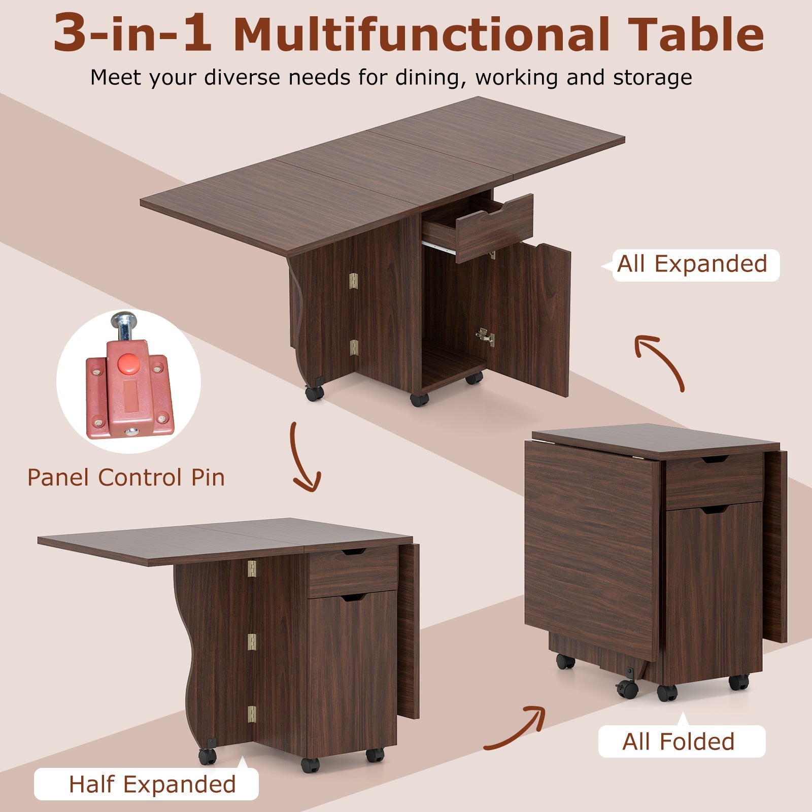 Folding Dining Table 3-in-1 Space-Saving Drop Leaf Kitchen Table with Lockable Wheels