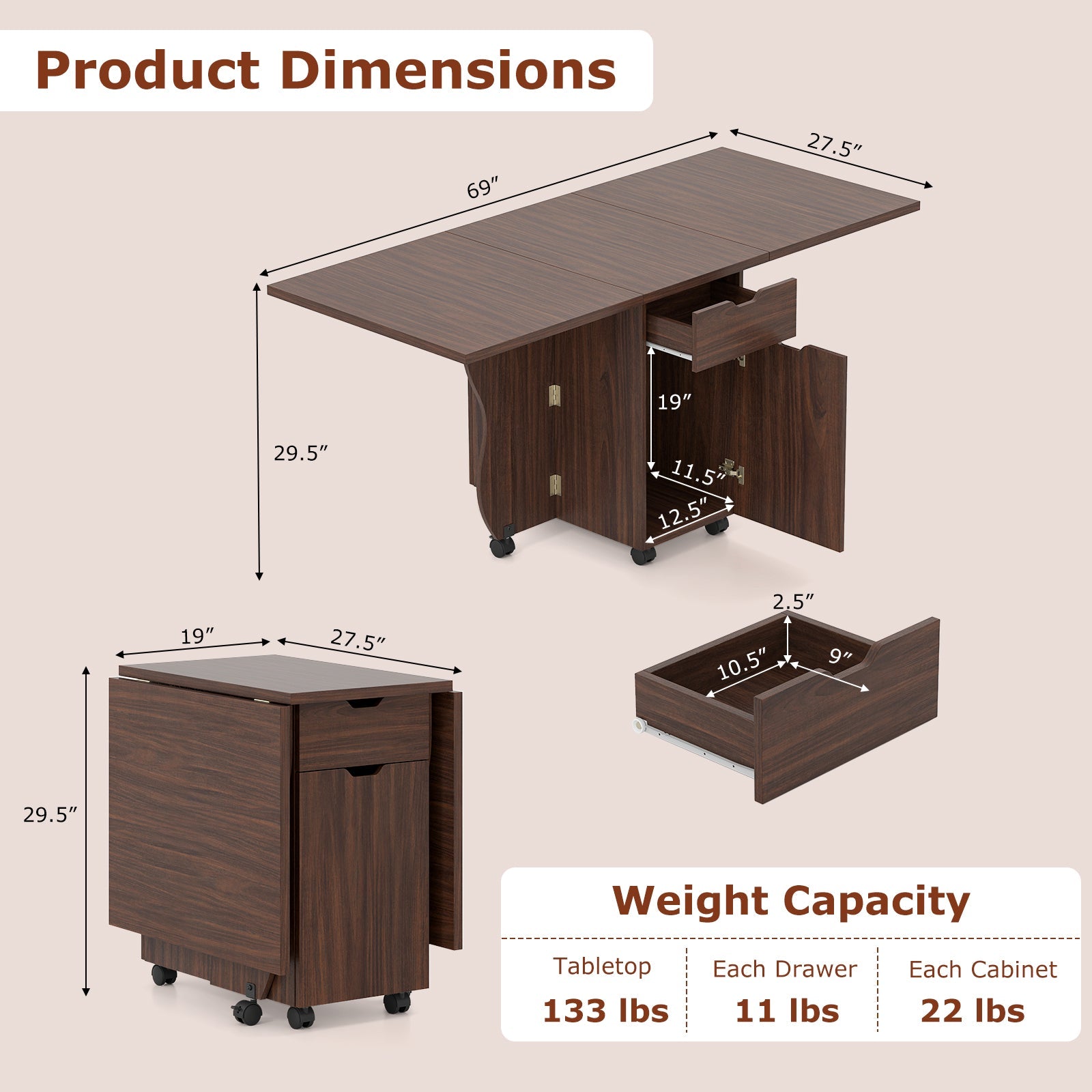 Folding Dining Table 3-in-1 Space-Saving Drop Leaf Kitchen Table with Lockable Wheels