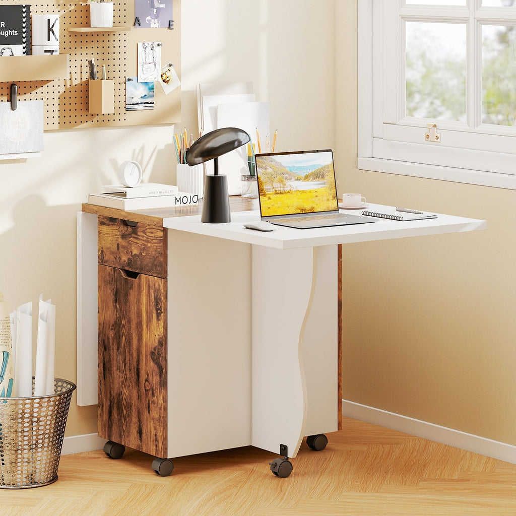 Folding Dining Table 3-in-1 Space-Saving Drop Leaf Kitchen Table with Lockable Wheels