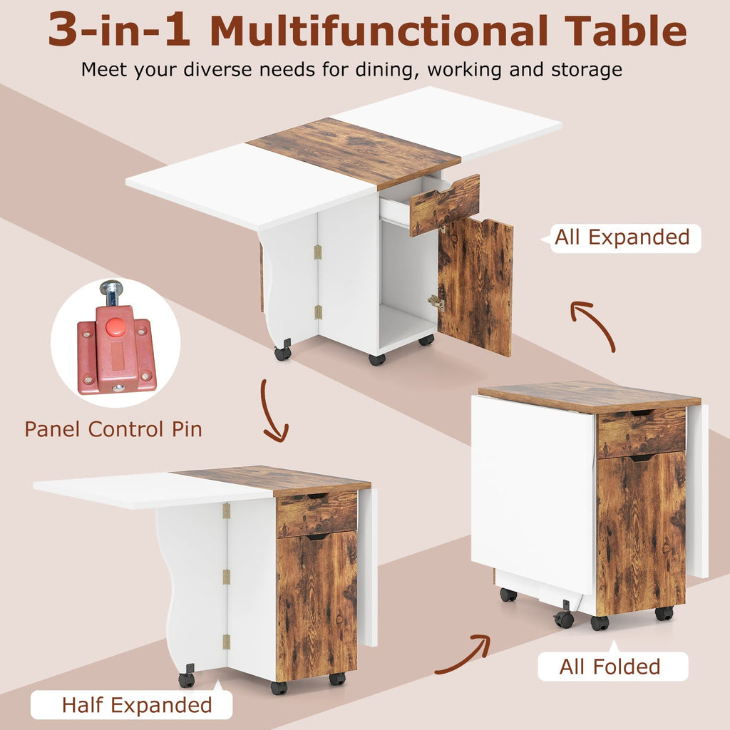 Folding Dining Table 3-in-1 Space-Saving Drop Leaf Kitchen Table with Lockable Wheels