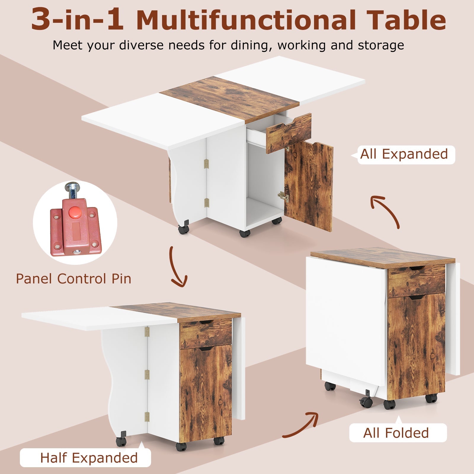 Folding Dining Table 3-in-1 Space-Saving Drop Leaf Kitchen Table with Lockable Wheels