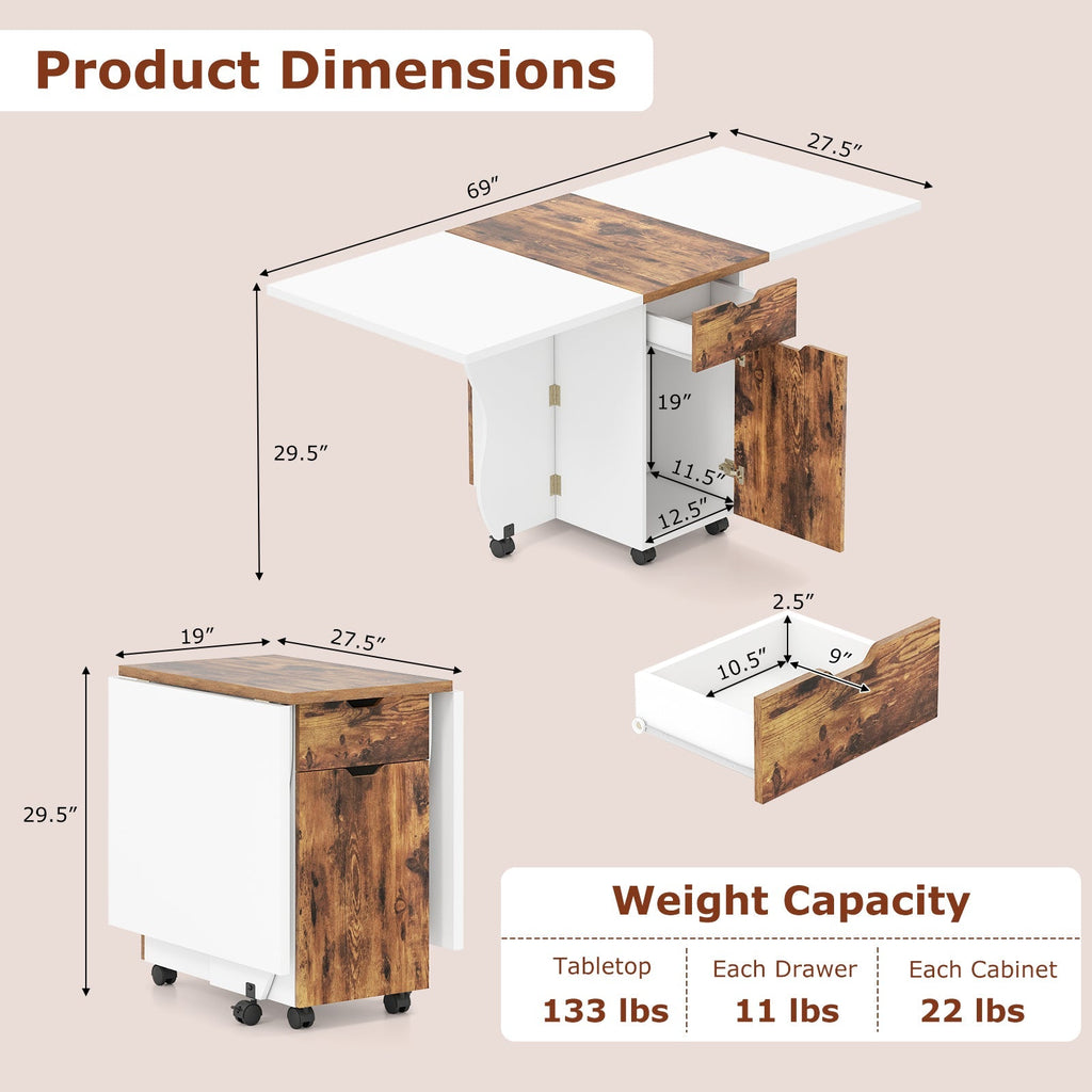 Folding Dining Table 3-in-1 Space-Saving Drop Leaf Kitchen Table with Lockable Wheels