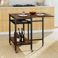 Folding Dining Table with Expandable Laptop with Wine Rack and Wheels-Rustic Brown