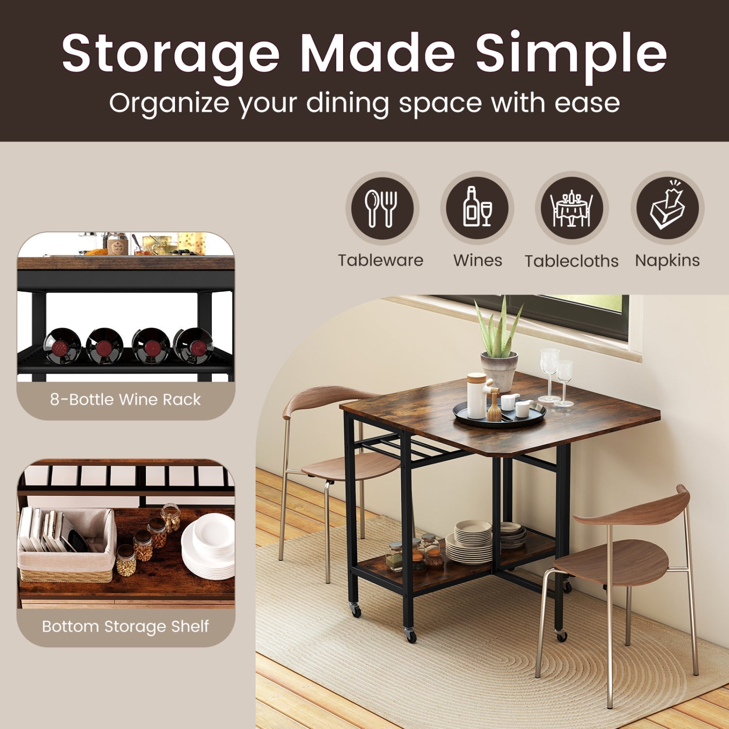 Folding Dining Table with Expandable Laptop with Wine Rack and Wheels-Rustic Brown