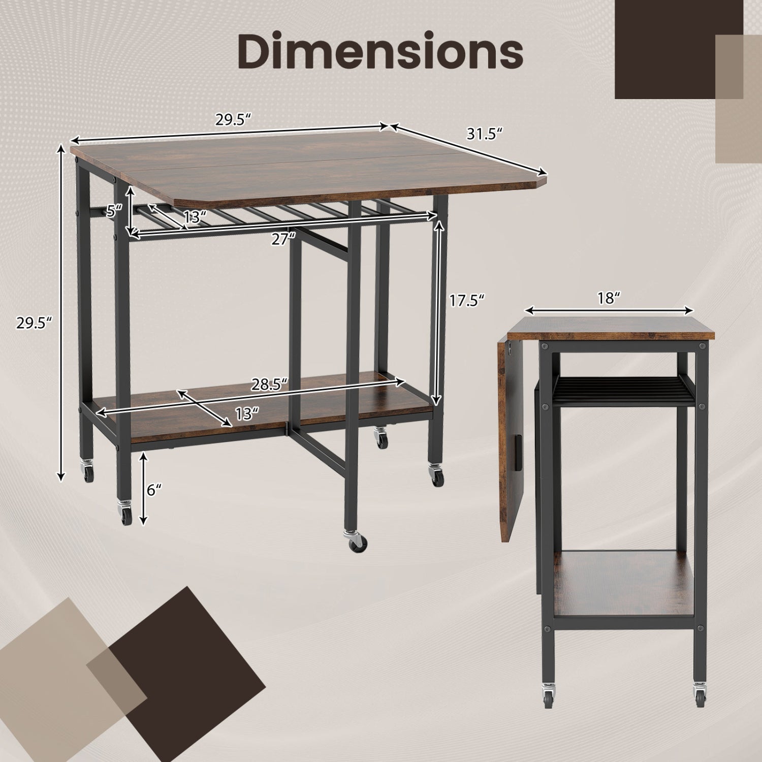 Folding Dining Table with Expandable Laptop with Wine Rack and Wheels-Rustic Brown