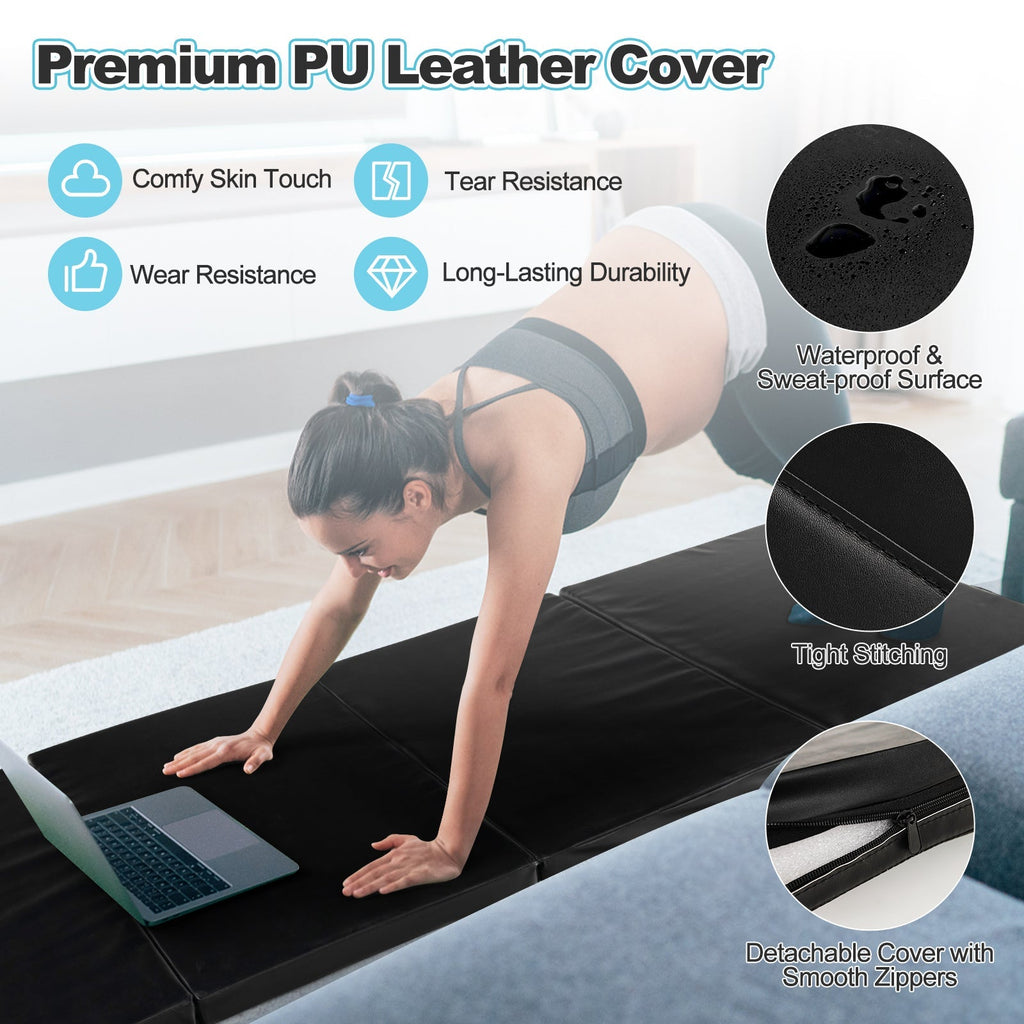 Folding Gymnastics Mat with Carry Handles and Sweatproof Detachable PU Leather Cover